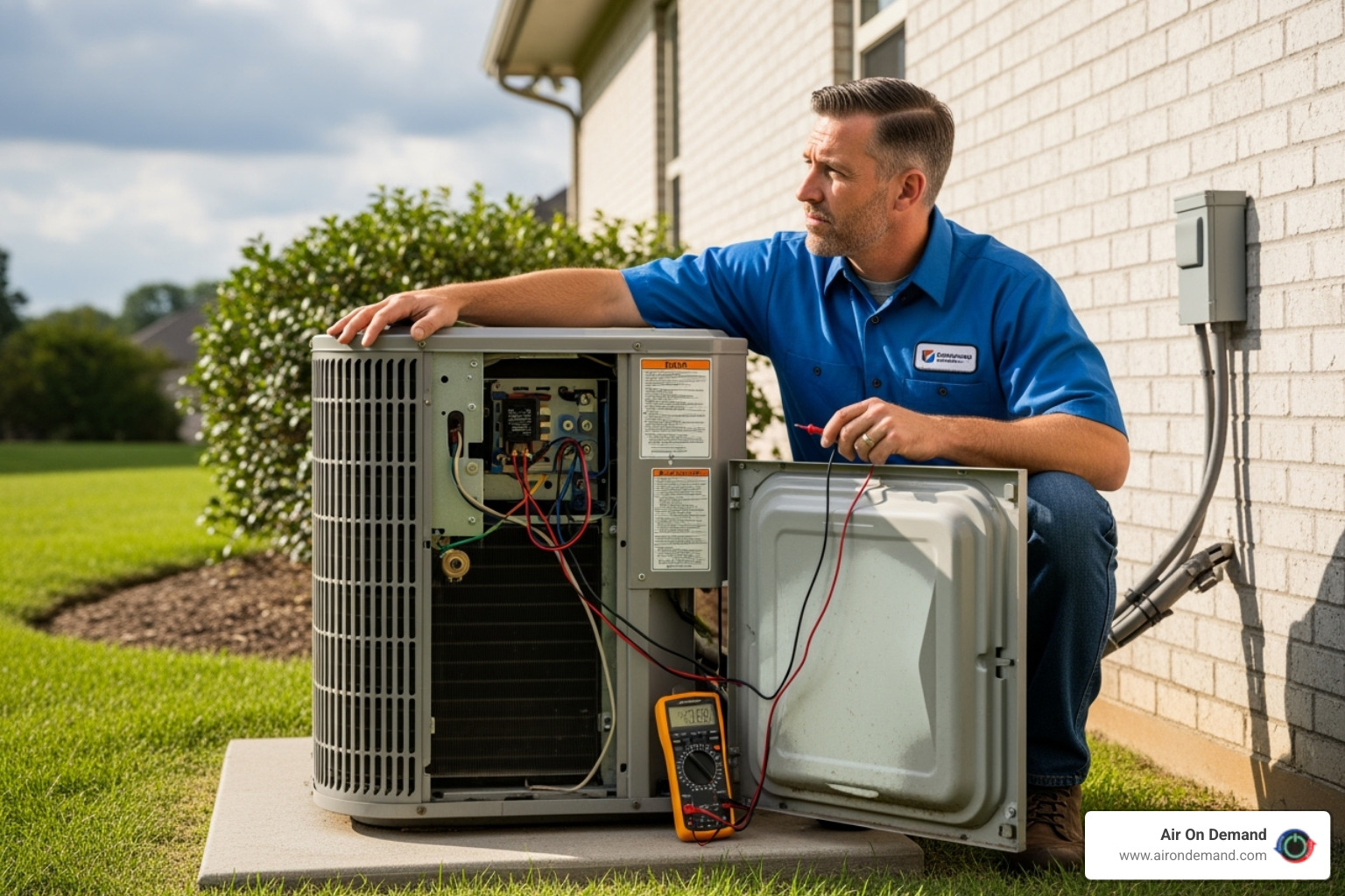 HVAC technician inspecting outdoor unit - ac blowing hot air