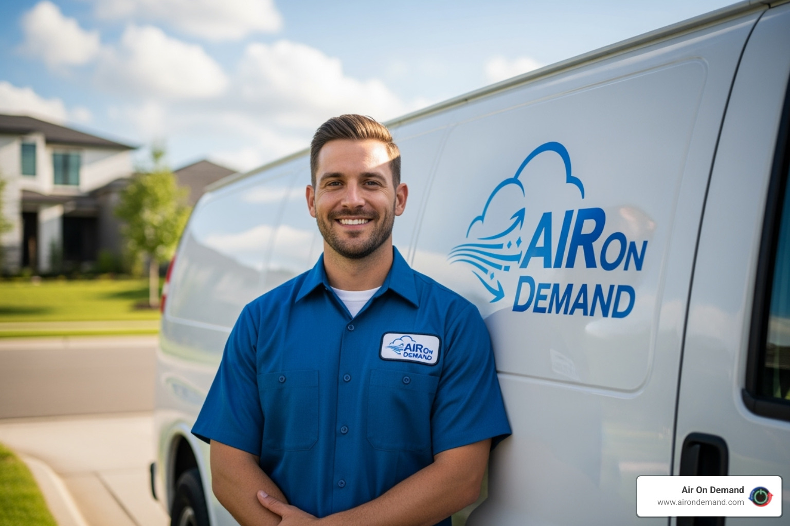 a friendly Air On Demand technician smiling next to a service van - emergency ac repair miami