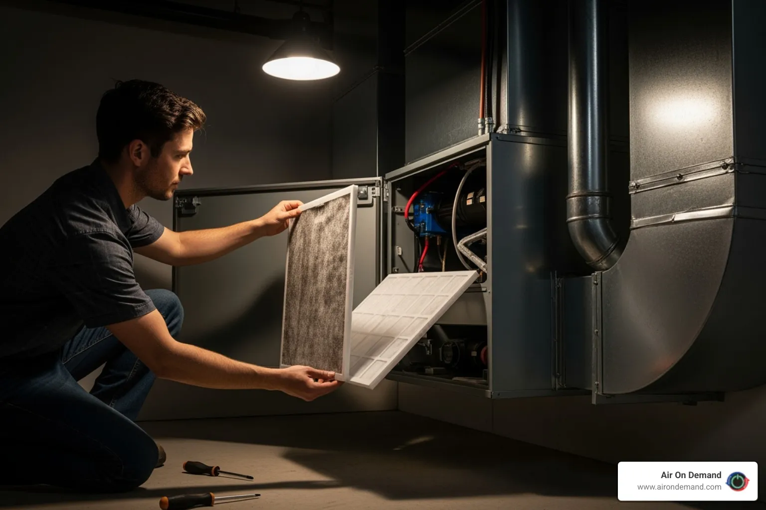 a homeowner changing an air filter - HVAC system check