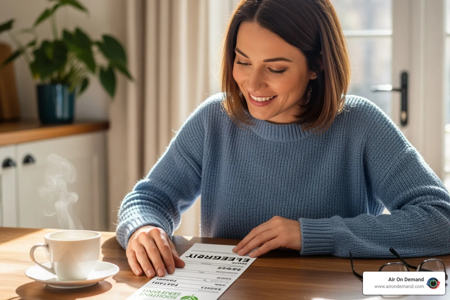 a homeowner smiling at their low energy bill - HVAC system check