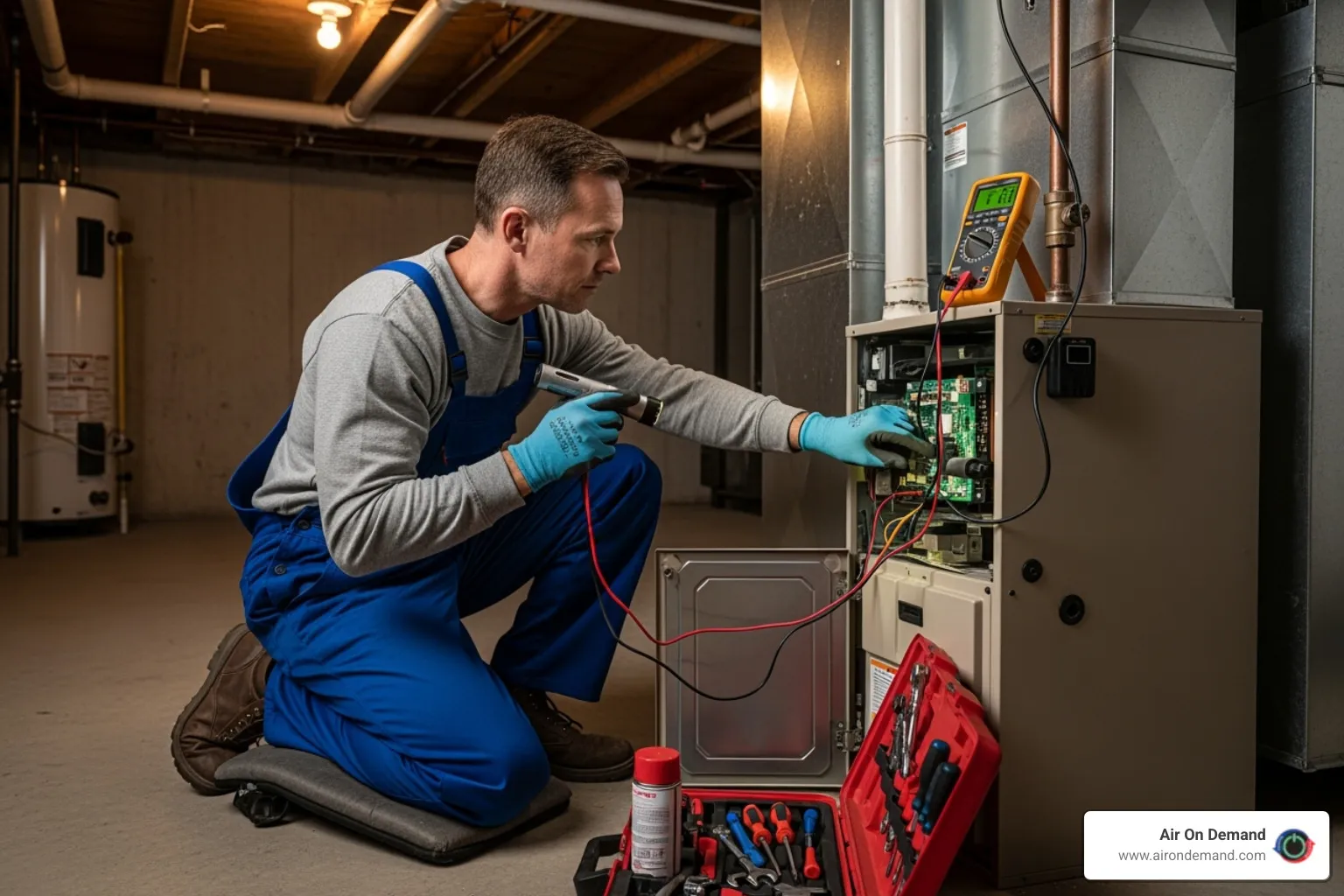 a professional technician inspecting an indoor furnace unit - HVAC system check