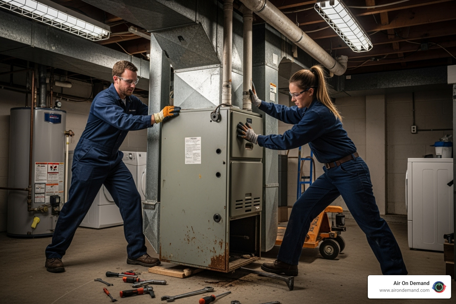 technicians carefully removing an old furnace - HVAC system installation technicians carefully removing an old furnace - HVAC system installation