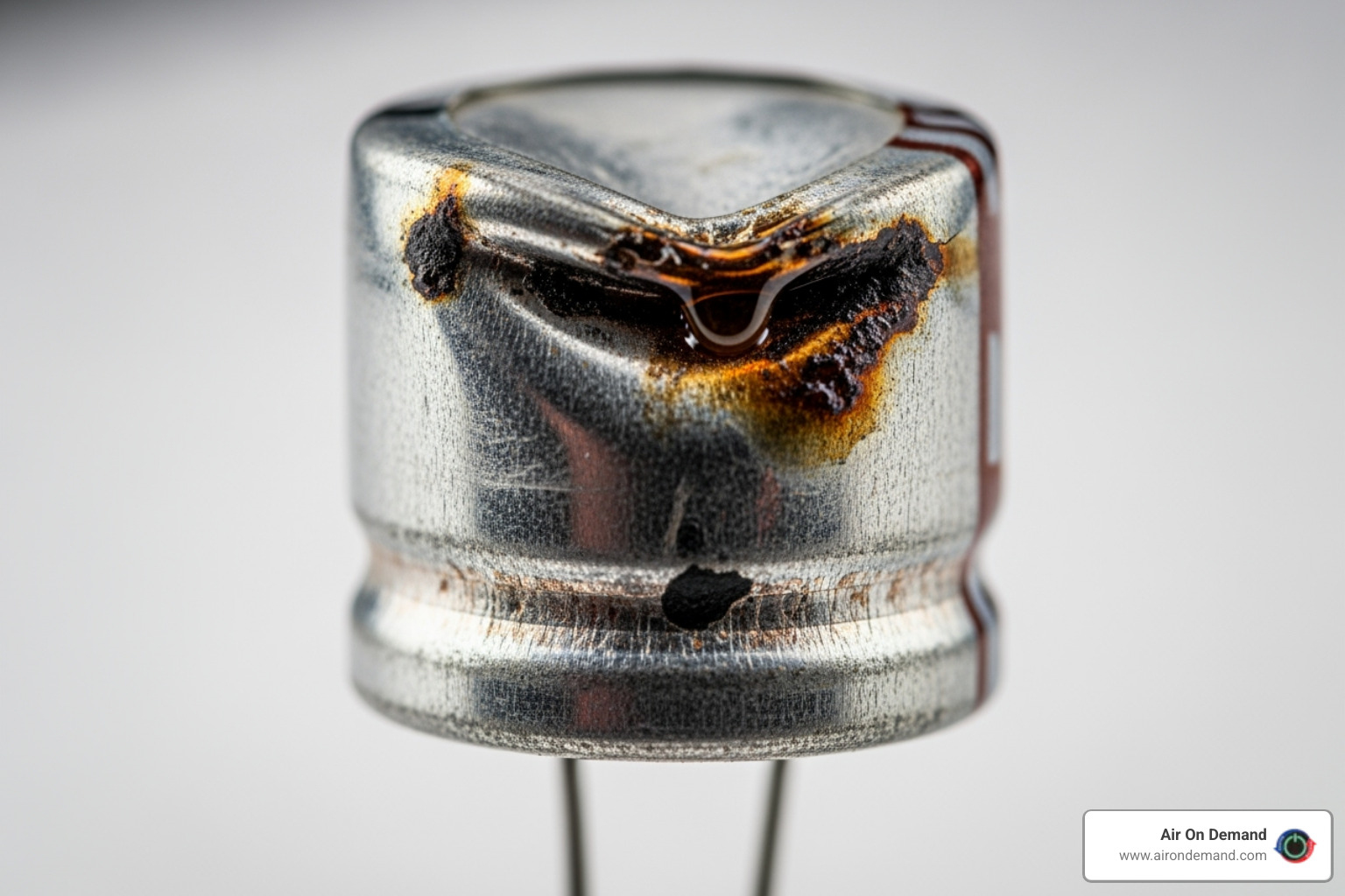 Close-up of a swollen or bulging AC capacitor, indicating failure - AC fan not spinning Close-up of a swollen or bulging AC capacitor, indicating failure - AC fan not spinning