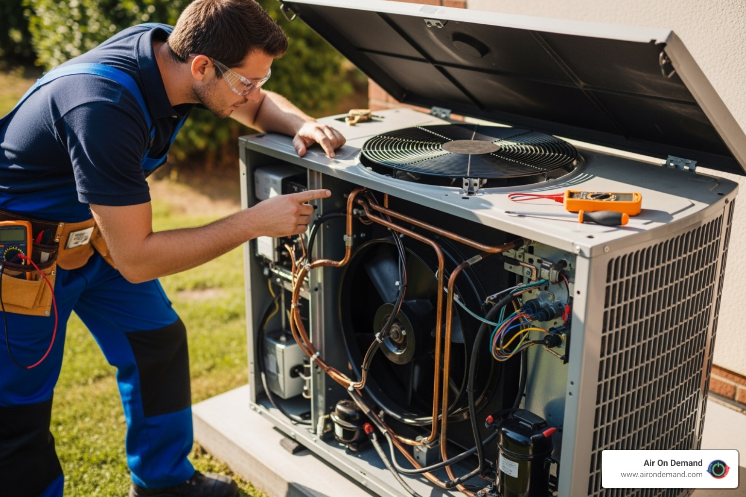 Technician inspecting the internal components of an open outdoor AC unit - AC fan not spinning Technician inspecting the internal components of an open outdoor AC unit - AC fan not spinning