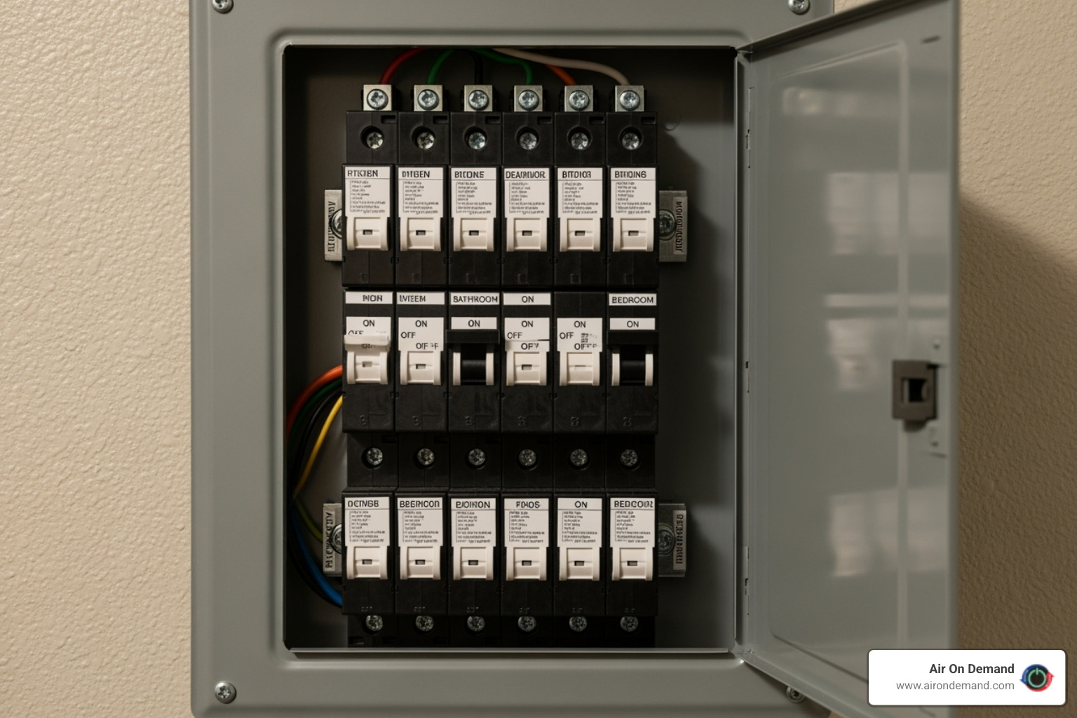 Home's circuit breaker panel with one breaker clearly in the tripped (middle) position - AC fan not spinning Home's circuit breaker panel with one breaker clearly in the tripped (middle) position - AC fan not spinning