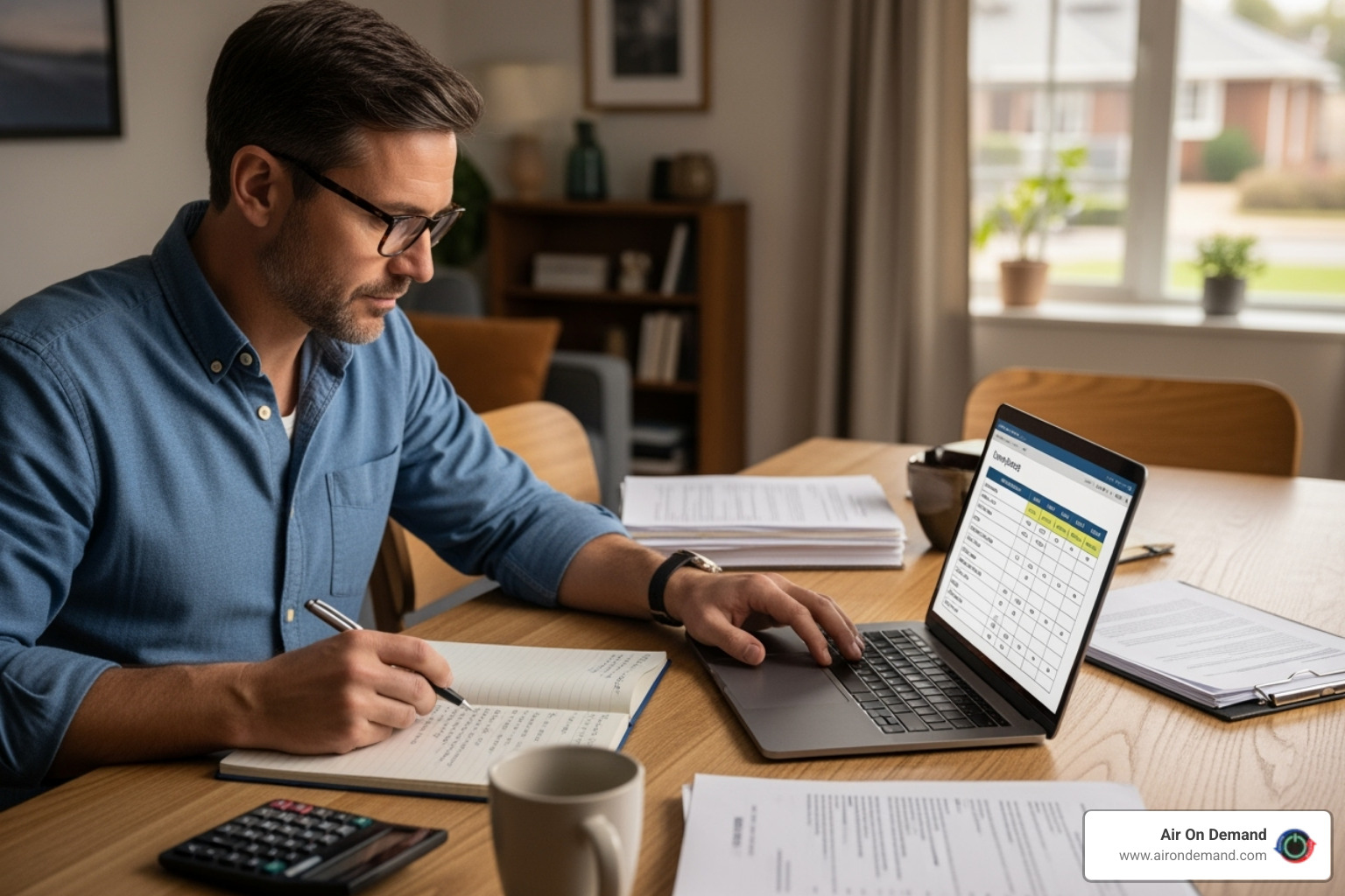 Person comparing financing documents on a laptop - AC installation financing Person comparing financing documents on a laptop - AC installation financing