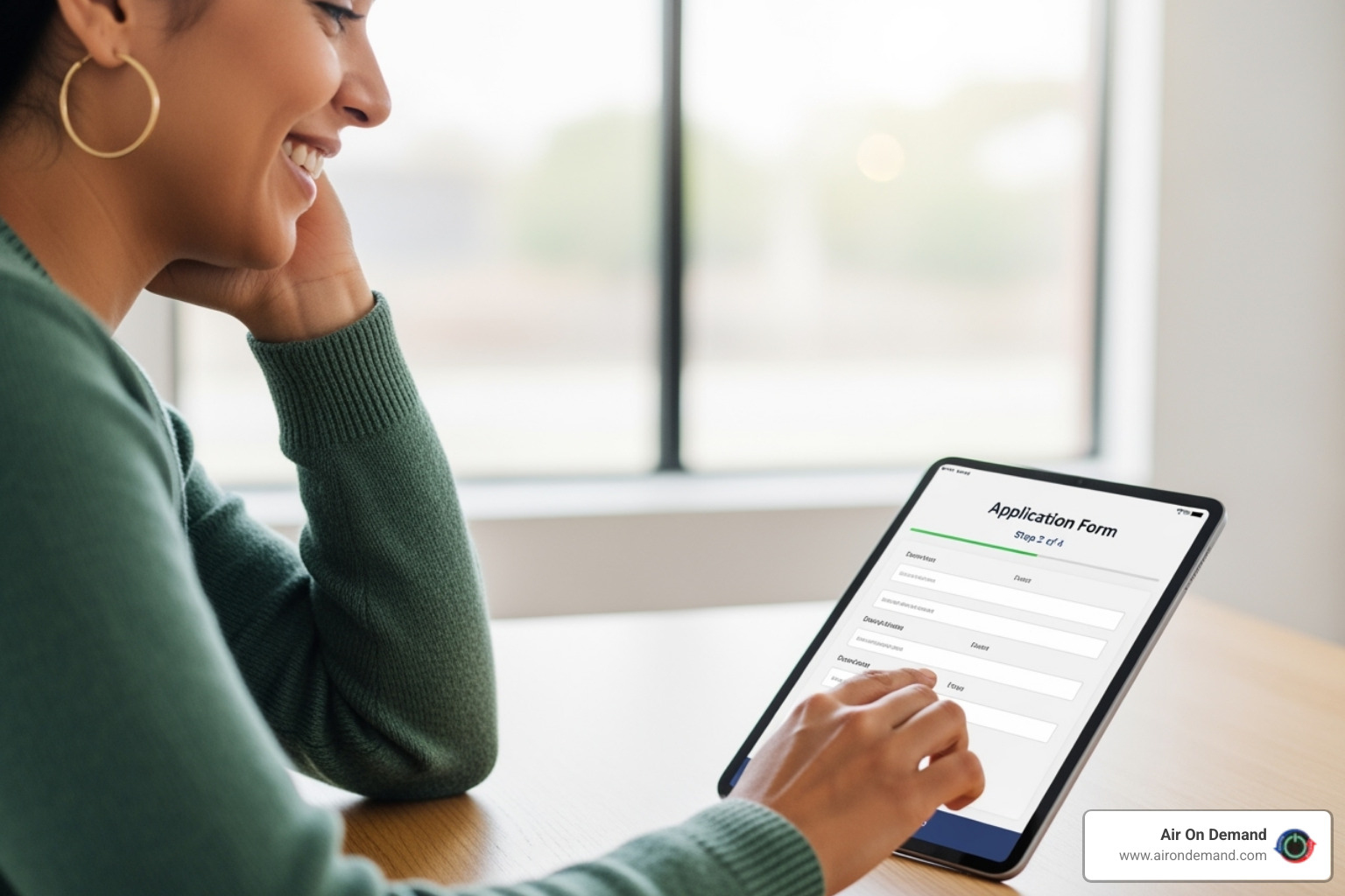 Person smiling while easily applying for financing on a tablet - AC installation financing Person smiling while easily applying for financing on a tablet - AC installation financing