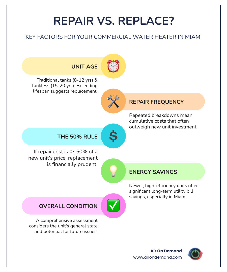 Table comparing Repair vs. Replacement across factors like Age, Cost, Frequency of Breakdowns, and Energy Efficiency - commercial hot water heater repair in miami infographic infographic-line-5-steps-colors