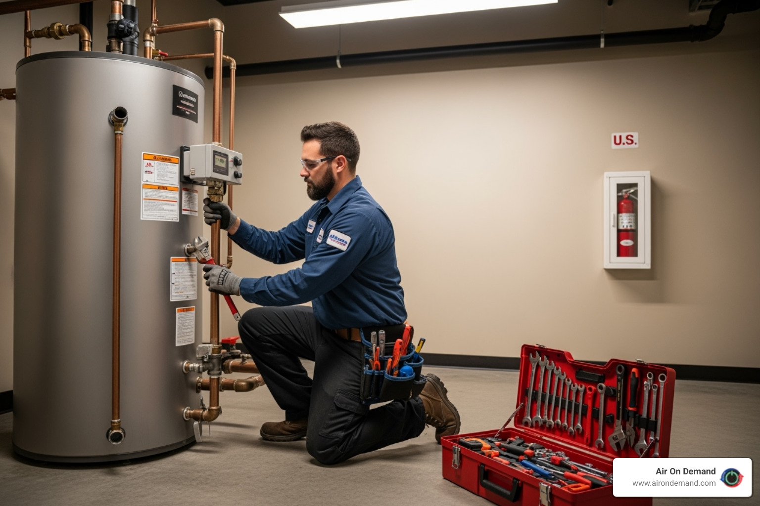 professional technician servicing a commercial water heater - commercial hot water heater repair in miami