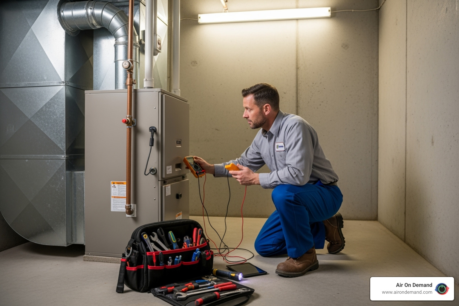 Technician inspecting an indoor furnace unit - Preventative maintenance HVAC Technician inspecting an indoor furnace unit - Preventative maintenance HVAC