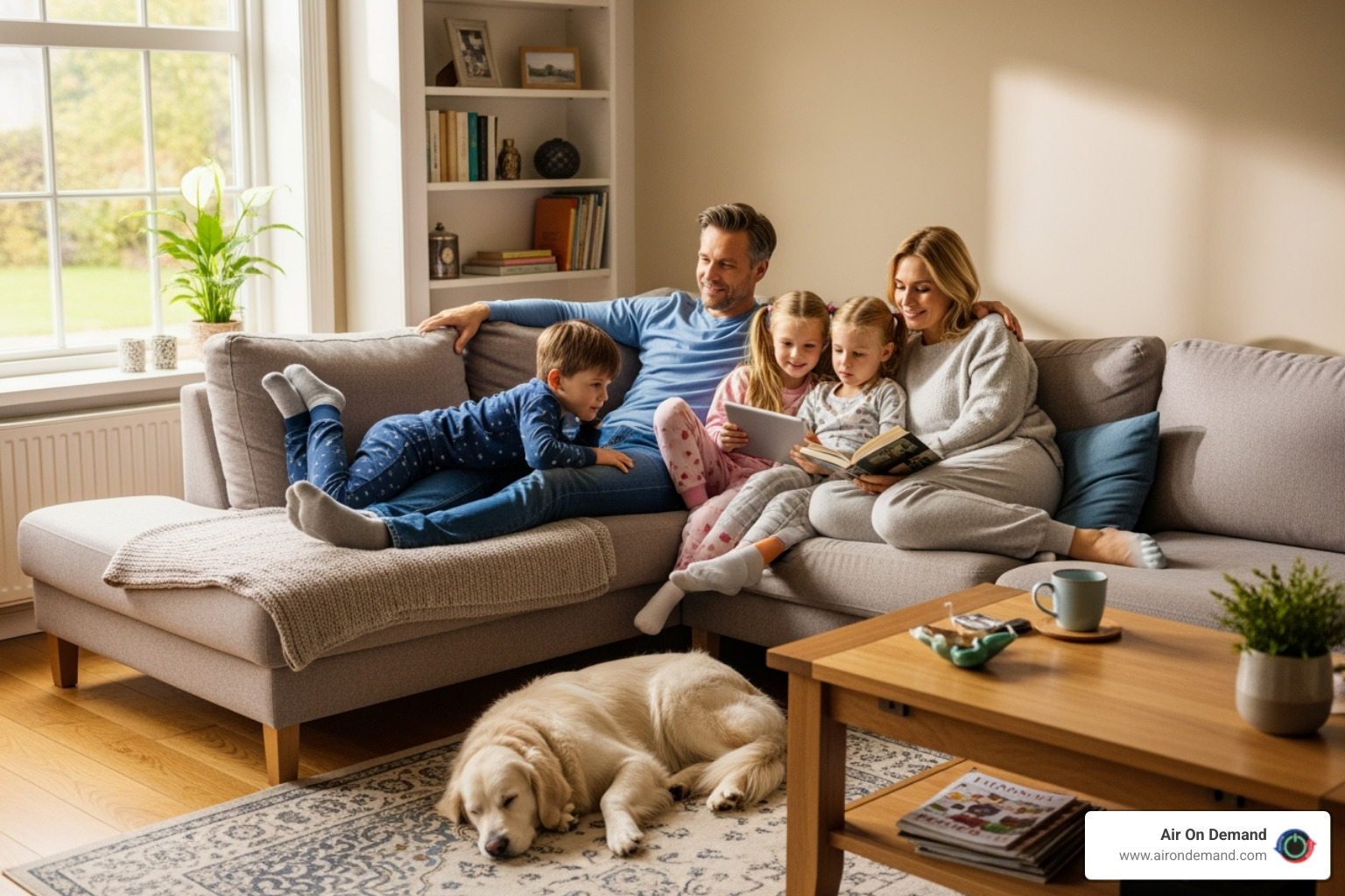 Family relaxing comfortably in their living room - Preventative maintenance HVAC Family relaxing comfortably in their living room - Preventative maintenance HVAC