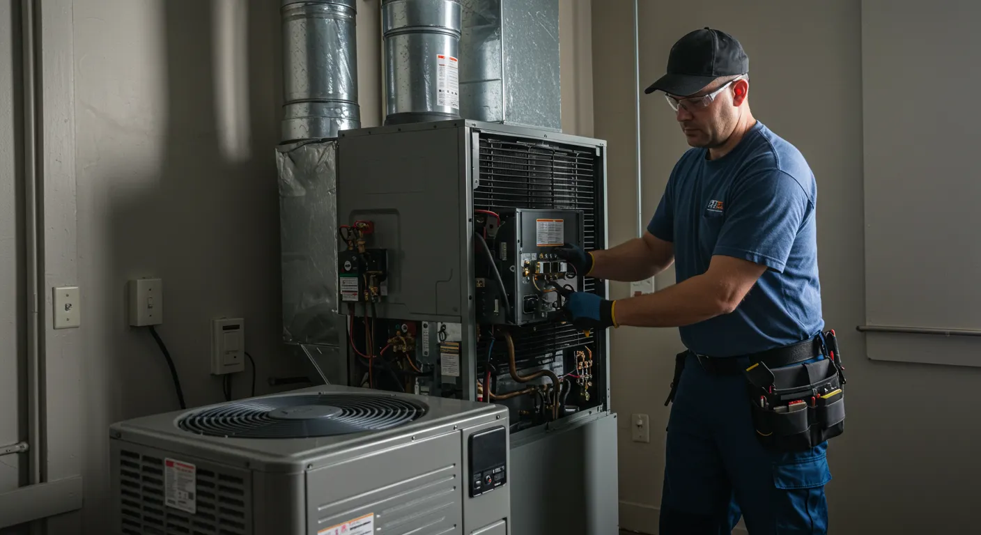 A male HVAC technician wearing safety glasses and a tool belt works on an indoor heating and cooling system