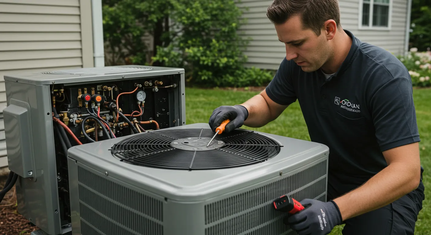 A man in a black polo shirt and work gloves uses a screwdriver on the top of an outdoor AC unit while inspecting components
