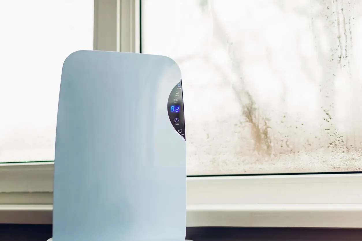 A small white humidifier or air purifier sits on a windowsill next to a foggy window
