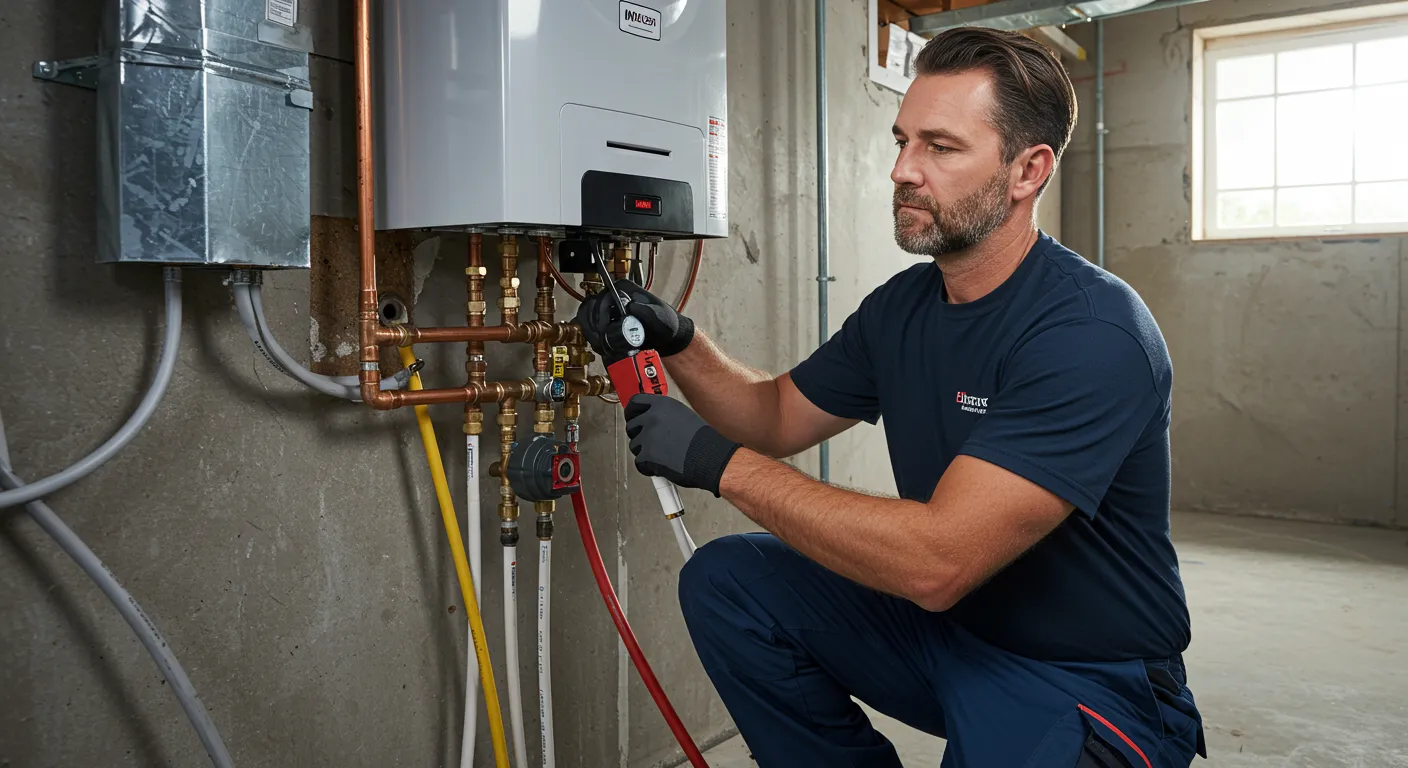 A plumber is working on a tankless water heater in a basement