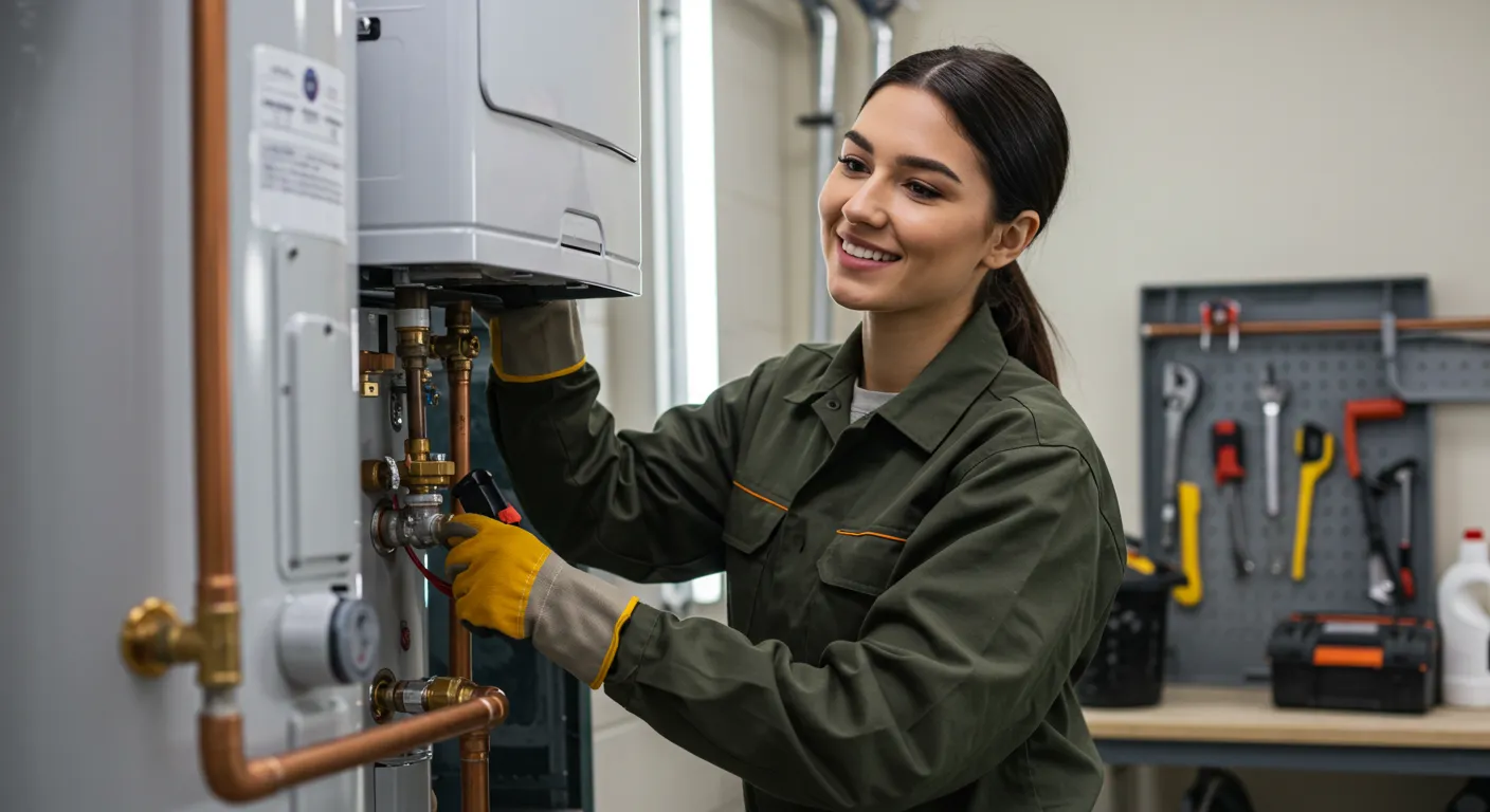 A smiling female technician is working on a water heater