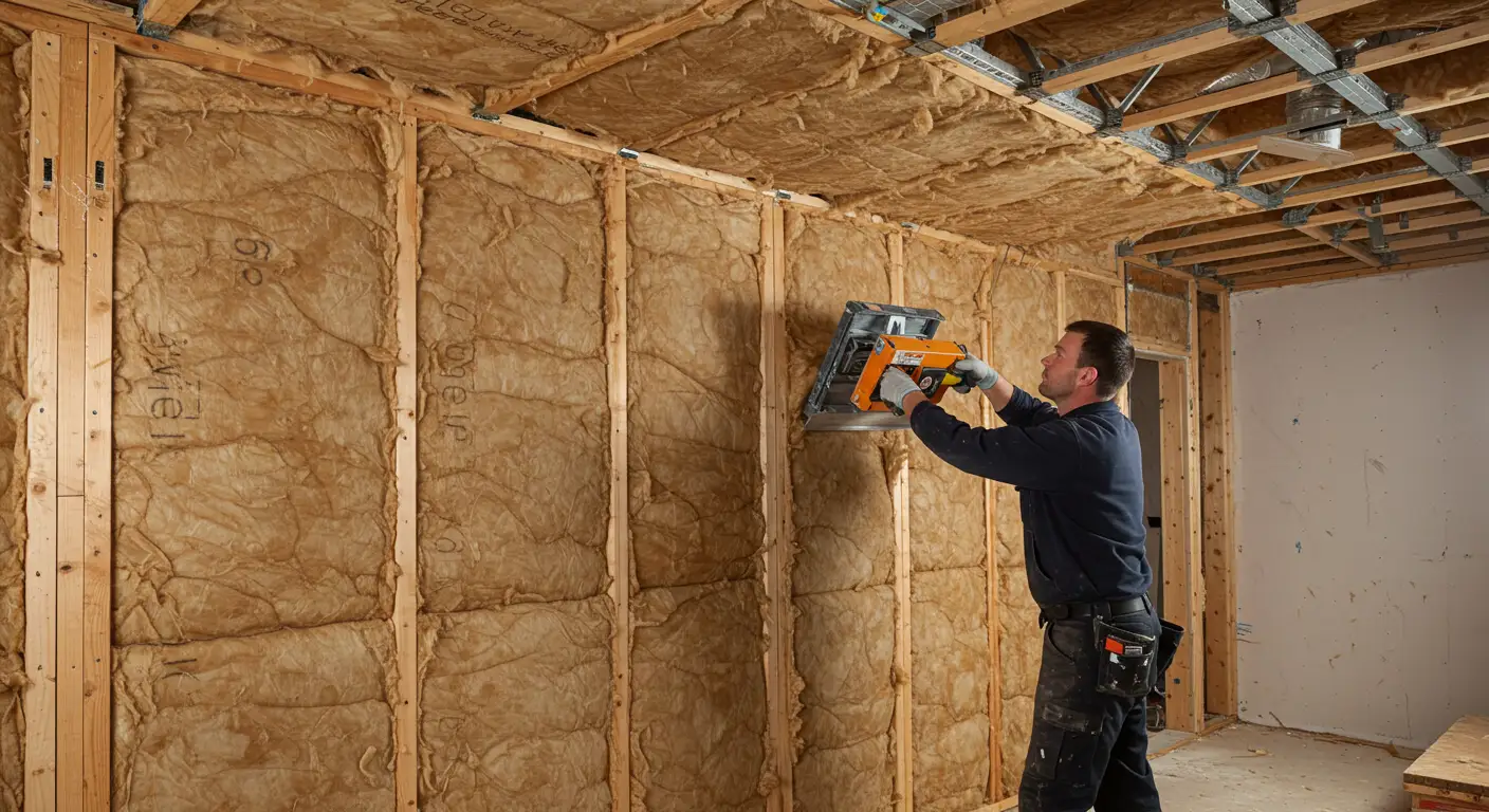 A man operates a green insulation blower in an attic, filling the space with insulation