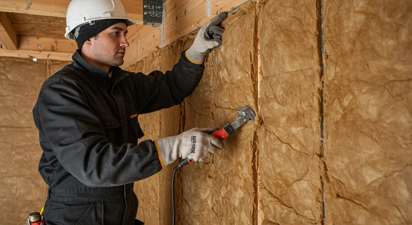 A man kneels in an attic, blowing loose insulation with a green insulation machine