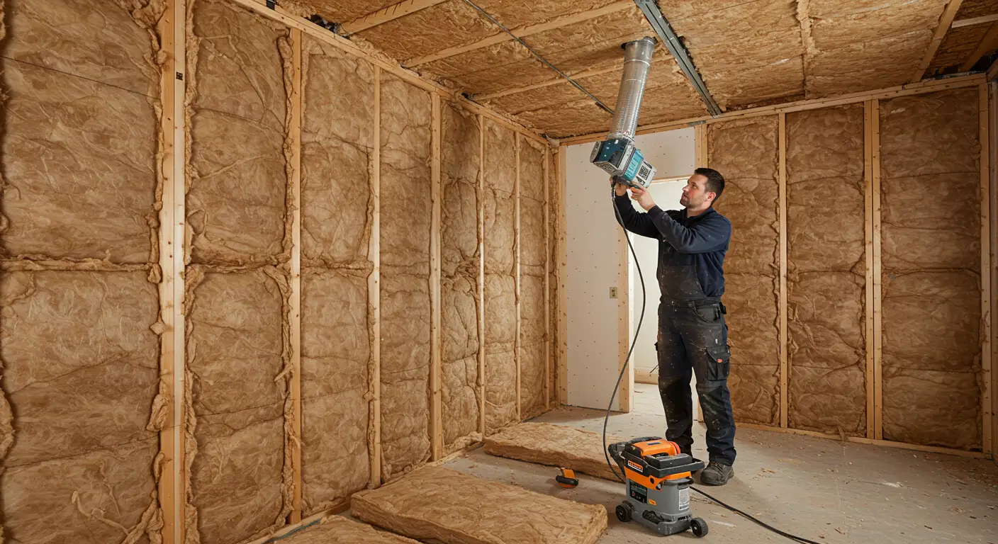 A worker in a hard hat uses a large green insulation machine to blow insulation into an attic