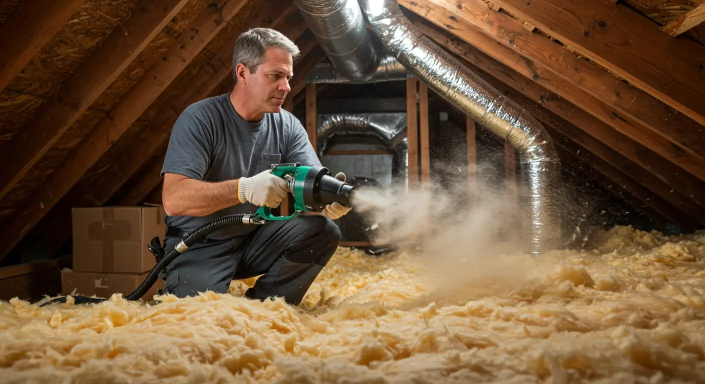 A man in work clothes uses a power tool to cut a piece of insulation in a framed wall