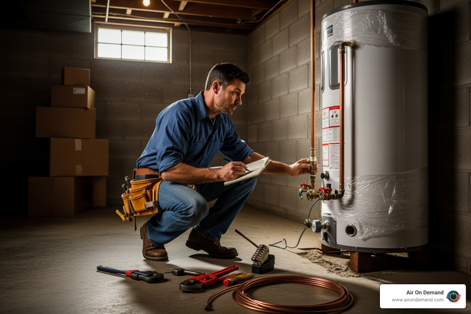 plumber assessing a water heater installation site - water heater installation estimate plumber assessing a water heater installation site - water heater installation estimate