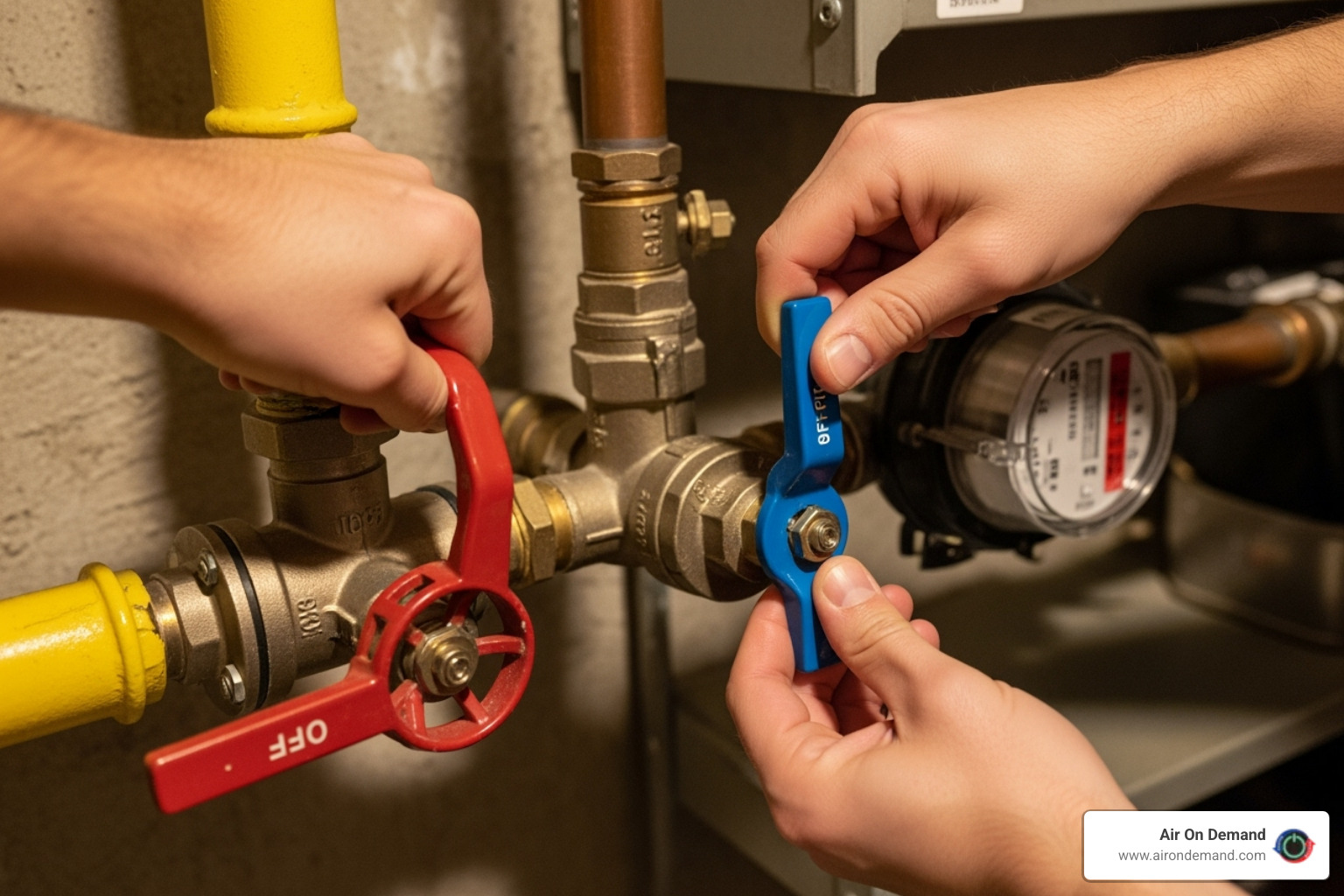Main gas and water shutoff valves being turned off - gas water heater installation Main gas and water shutoff valves being turned off - gas water heater installation