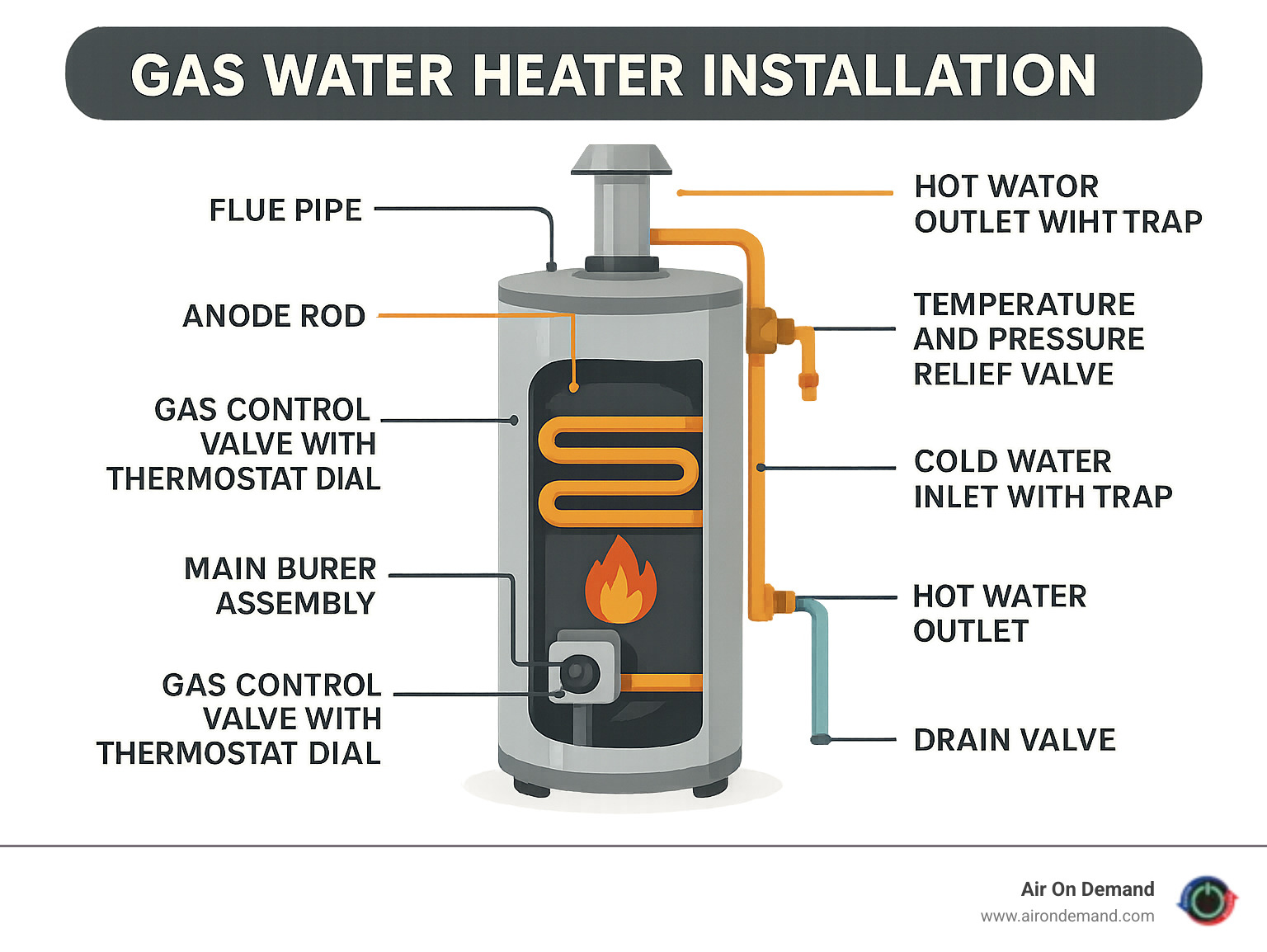Detailed infographic showing gas water heater components including gas control valve with thermostat dial, main burner assembly, heat exchanger tubes, flue pipe and draft hood, temperature and pressure relief valve with discharge pipe, cold water inlet with heat trap, hot water outlet with heat trap, anode rod location, and drain valve at bottom - gas water heater installation infographic Detailed infographic showing gas water heater components including gas control valve with thermostat dial, main burner assembly, heat exchanger tubes, flue pipe and draft hood, temperature and pressure relief valve with discharge pipe, cold water inlet with heat trap, hot water outlet with heat trap, anode rod location, and drain valve at bottom - gas water heater installation infographic