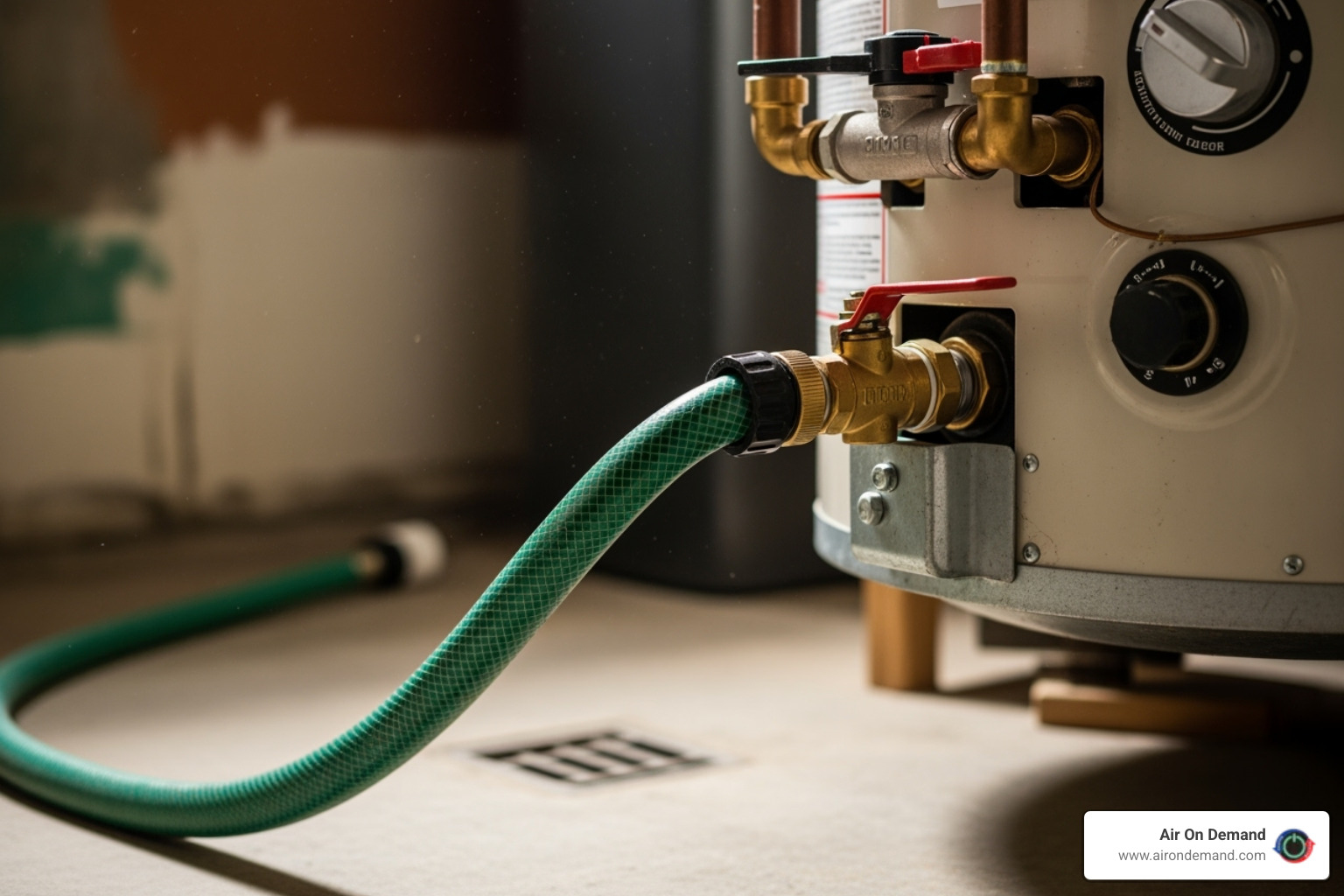 Garden hose connected to water heater drain valve - gas water heater installation Garden hose connected to water heater drain valve - gas water heater installation
