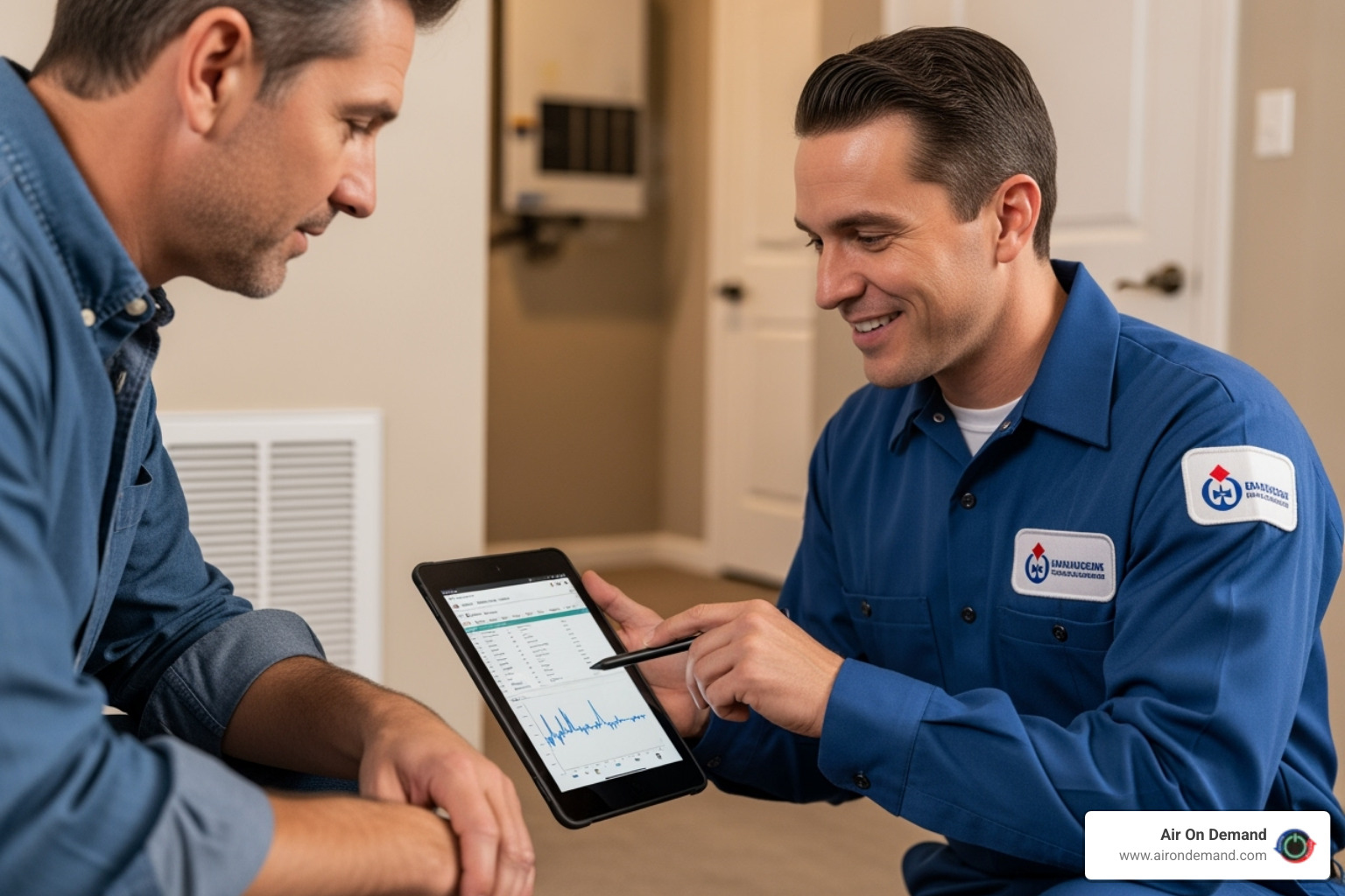 A friendly, uniformed technician explaining a repair on a tablet to a homeowner. - ac repair miami A friendly, uniformed technician explaining a repair on a tablet to a homeowner. - ac repair miami