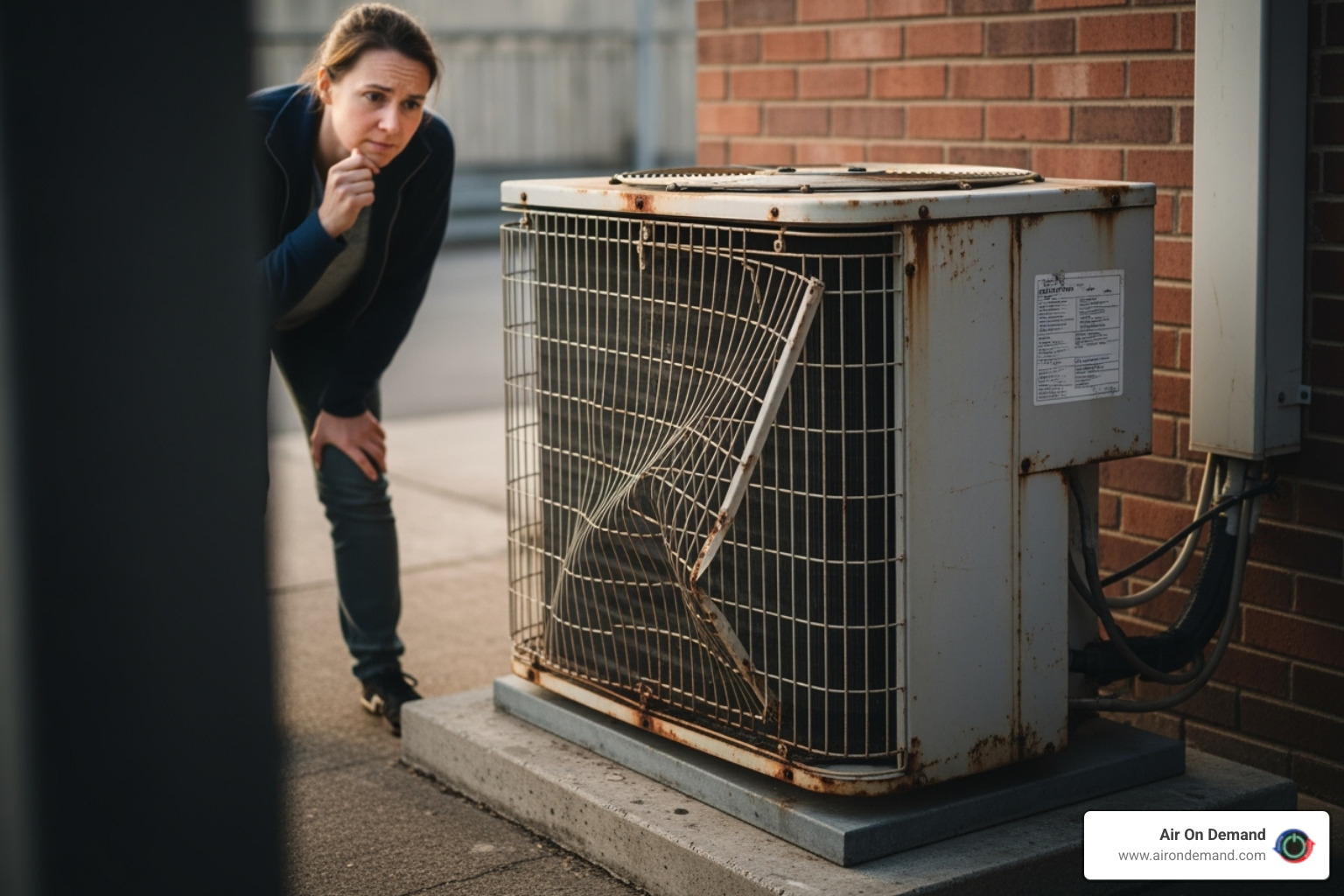 A person looking thoughtfully at an old, weathered outdoor AC unit. - ac repair miami A person looking thoughtfully at an old, weathered outdoor AC unit. - ac repair miami