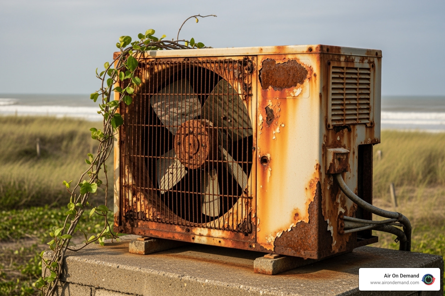 Corroded outdoor air conditioning unit near the coast, showing the impact of salt air on metal components. - hvac company miami Corroded outdoor air conditioning unit near the coast, showing the impact of salt air on metal components. - hvac company miami