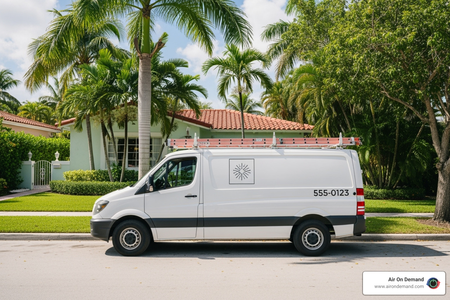 A friendly HVAC technician's van with a local phone number on the side, parked in front of a Miami home. - hvac company miami A friendly HVAC technician's van with a local phone number on the side, parked in front of a Miami home. - hvac company miami