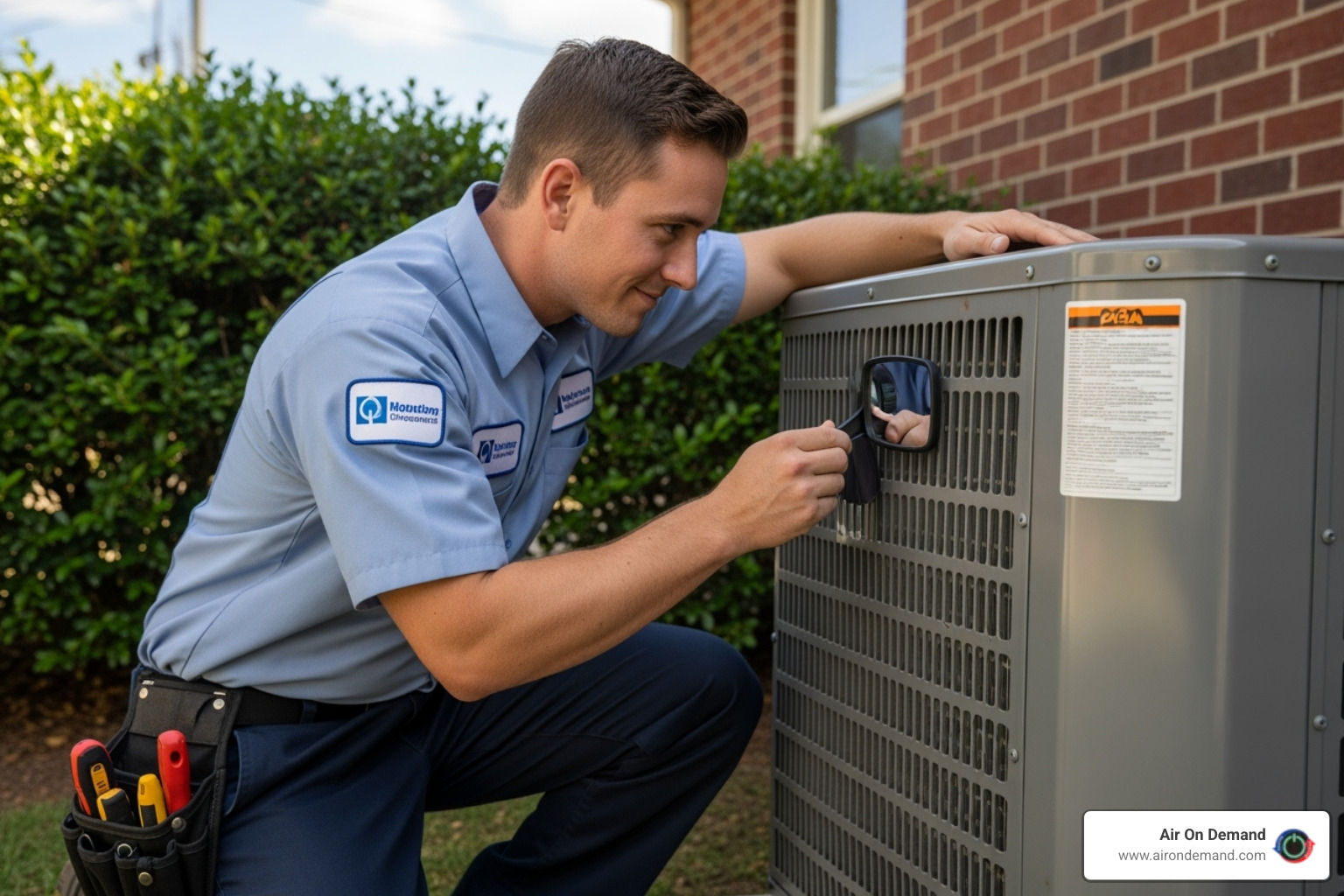 A friendly, professional technician in uniform inspecting an AC unit outdoors - Miami HVAC company