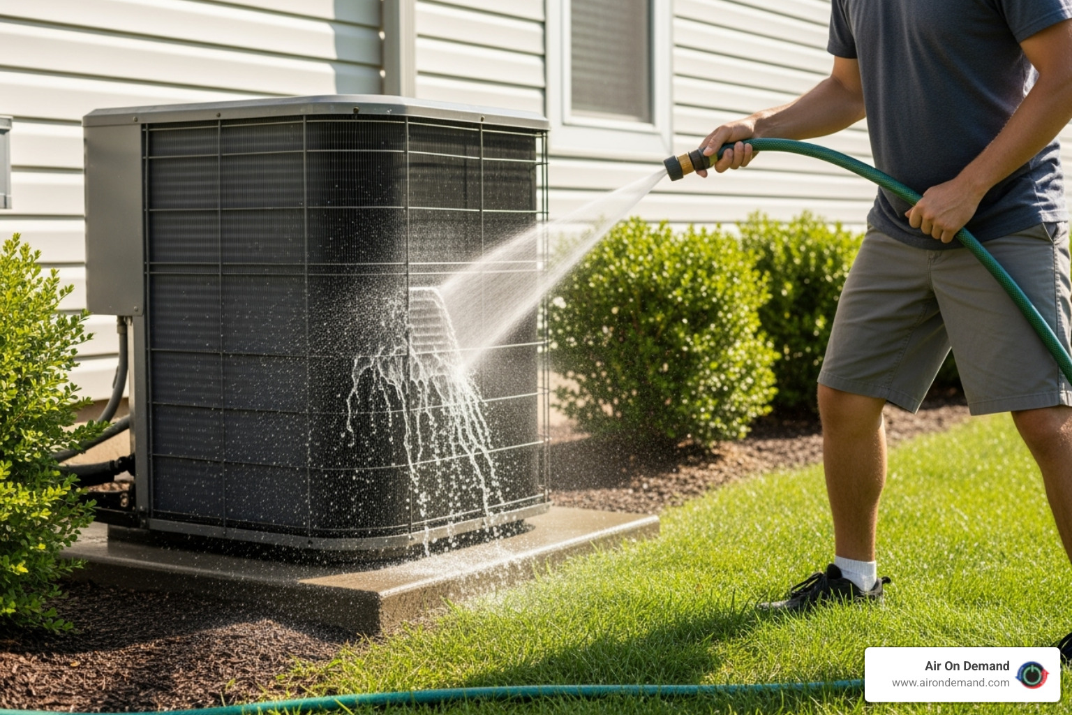 person safely spraying AC coil with hose - Condenser coil cleaning