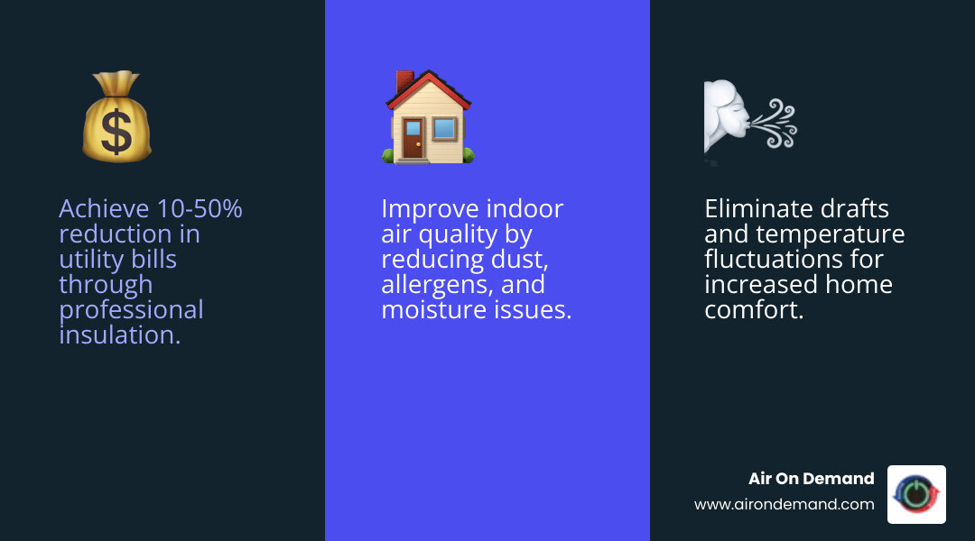 Infographic showing three main benefits of professional attic insulation: Energy Savings with dollar sign and percentage reduction, Increased Home Comfort with temperature control icons, and Improved Air Quality with clean air symbols - attic insulation experts infographic 3_facts_emoji_blue