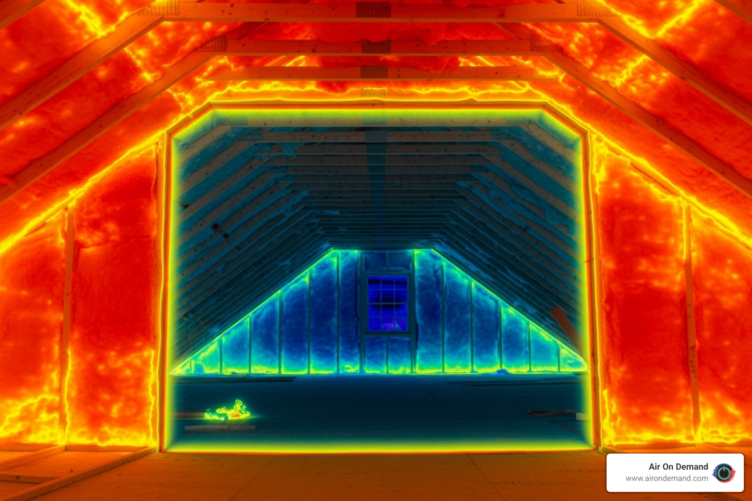 Infrared camera view showing heat loss from an uninsulated attic, highlighting red and orange spots where heat is escaping - attic insulation experts