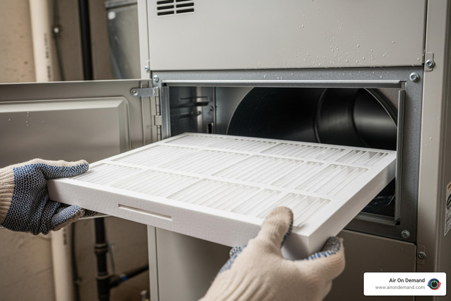 A homeowner sliding a clean new filter into an indoor air handler - Air conditioner service