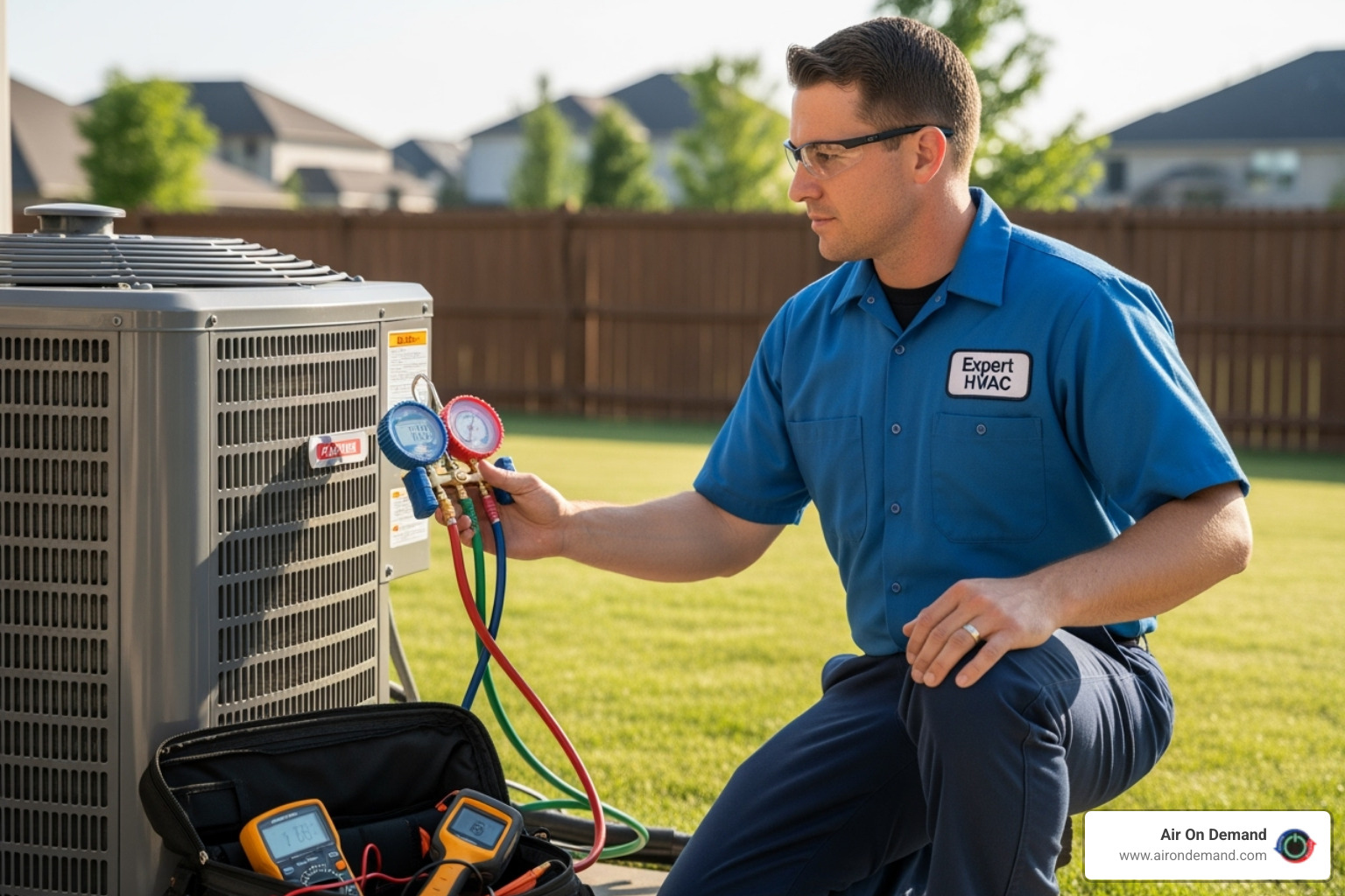 A certified technician in uniform inspecting an AC unit with diagnostic tools - Air conditioner service