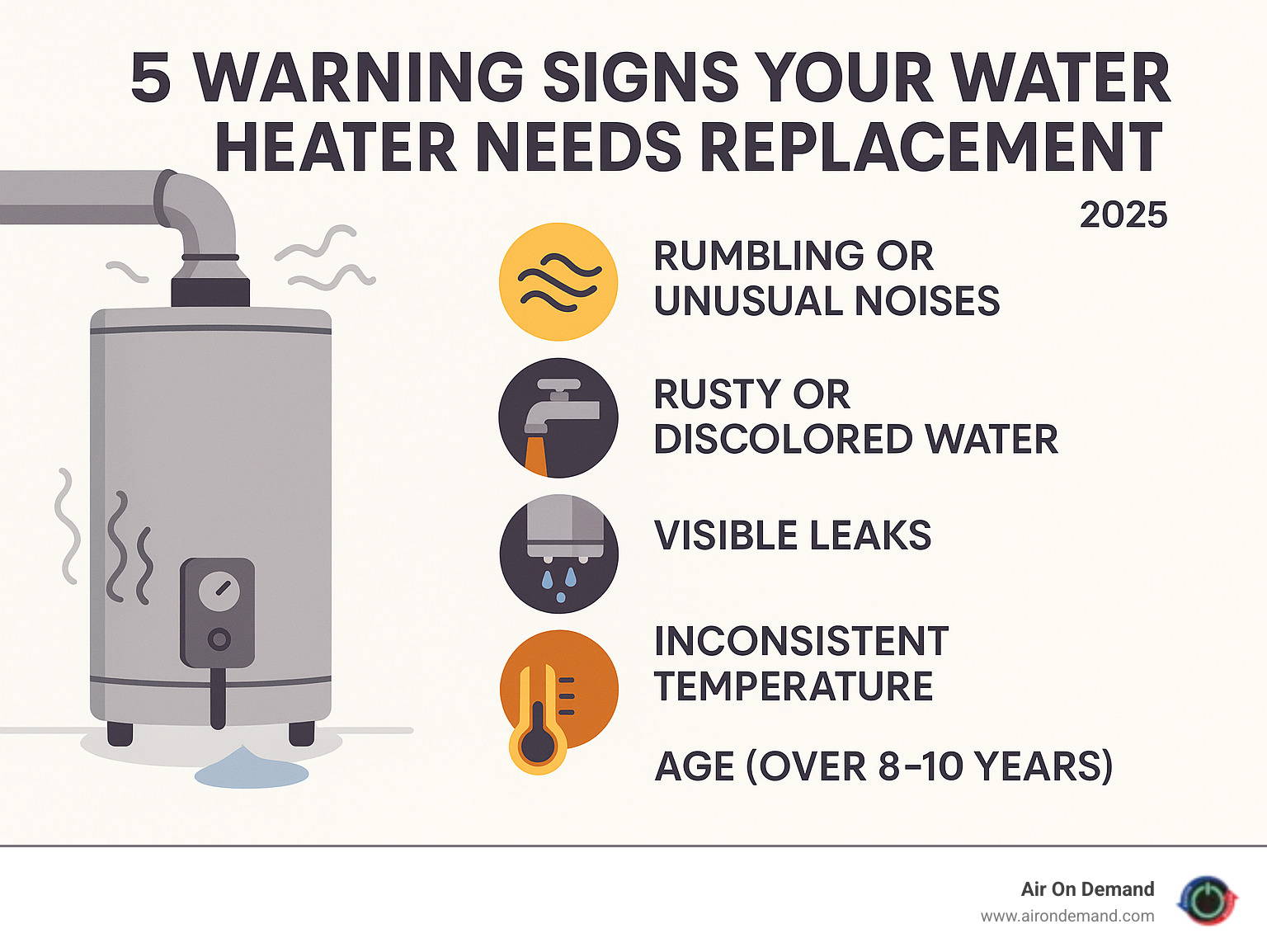 Infographic showing the top 5 warning signs your water heater needs replacement: rumbling or unusual noises from the tank, rusty or discolored water from faucets, visible leaks around the base, inconsistent water temperature, and age over 8-10 years - water heater installation near infographic Infographic showing the top 5 warning signs your water heater needs replacement: rumbling or unusual noises from the tank, rusty or discolored water from faucets, visible leaks around the base, inconsistent water temperature, and age over 8-10 years - water heater installation near infographic
