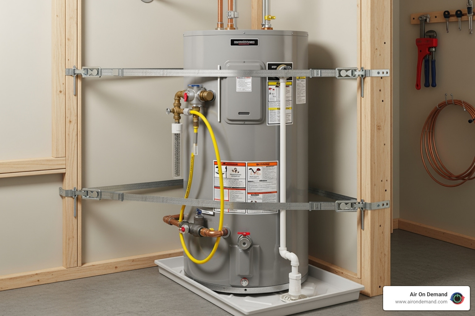 of a properly installed water heater showing earthquake straps and clean connections - water heater installation near of a properly installed water heater showing earthquake straps and clean connections - water heater installation near
