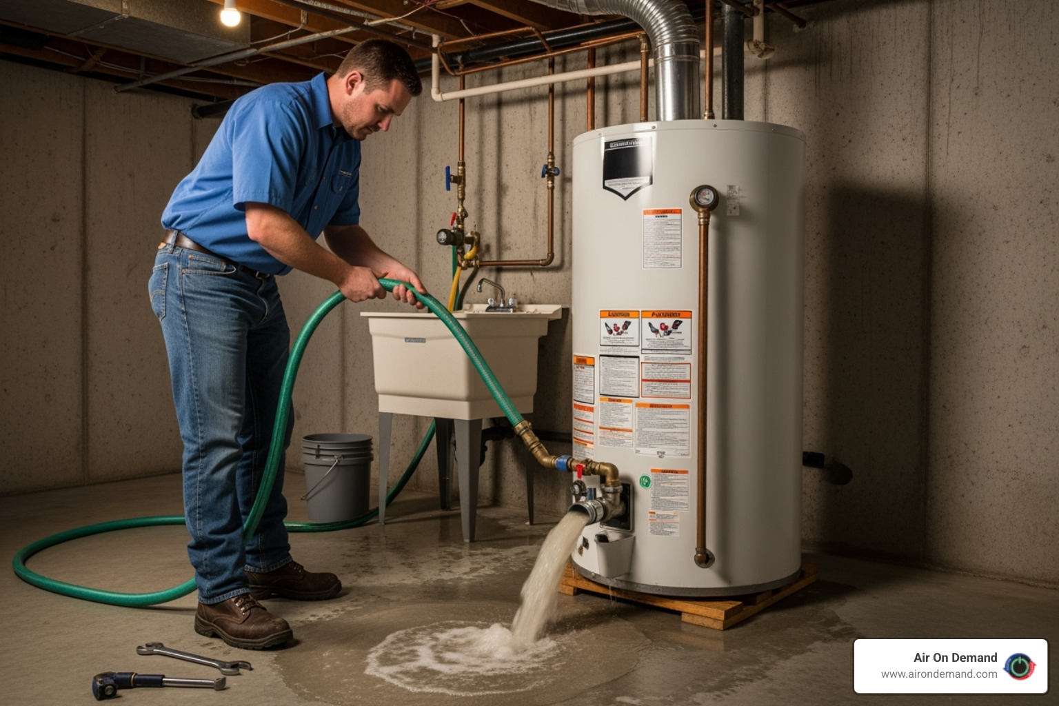 of a technician flushing a water heater tank - water heater installation near of a technician flushing a water heater tank - water heater installation near