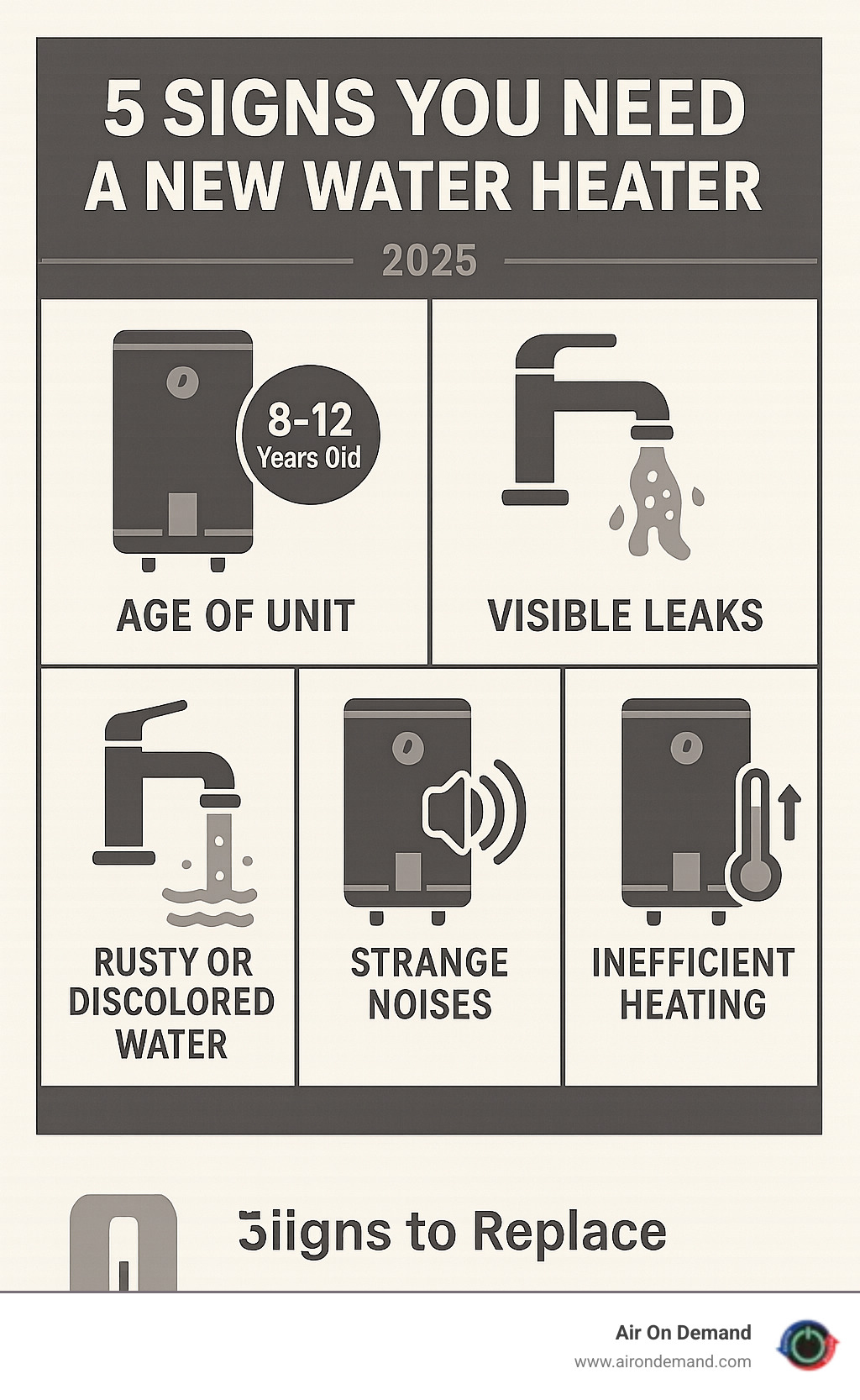 Infographic showing the 5 key signs you need a new water heater: 1) Age of unit (8-12 years old), 2) Visible leaks around the base or connections, 3) Rusty or discolored water from hot taps, 4) Strange noises like rumbling or popping sounds, 5) Inefficient heating with higher energy bills or inconsistent water temperature - water heater installation infographic Infographic showing the 5 key signs you need a new water heater: 1) Age of unit (8-12 years old), 2) Visible leaks around the base or connections, 3) Rusty or discolored water from hot taps, 4) Strange noises like rumbling or popping sounds, 5) Inefficient heating with higher energy bills or inconsistent water temperature - water heater installation infographic