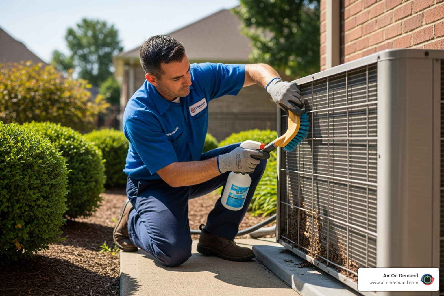 Professional technician cleaning an HVAC condenser coil - hvac maintenance miami Professional technician cleaning an HVAC condenser coil - hvac maintenance miami