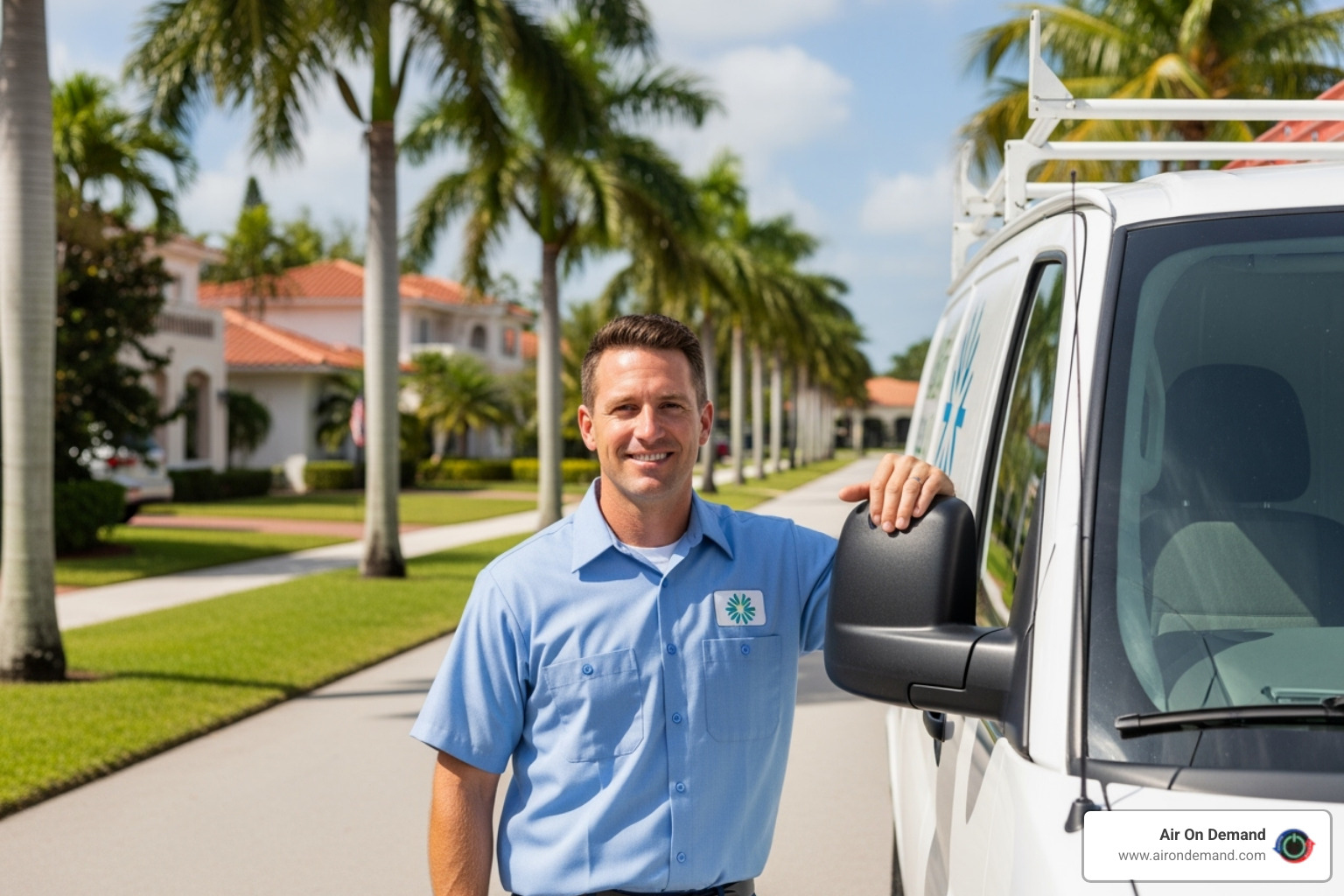 Professional technician in uniform with a branded service van - miami heating and air conditioning Professional technician in uniform with a branded service van - miami heating and air conditioning