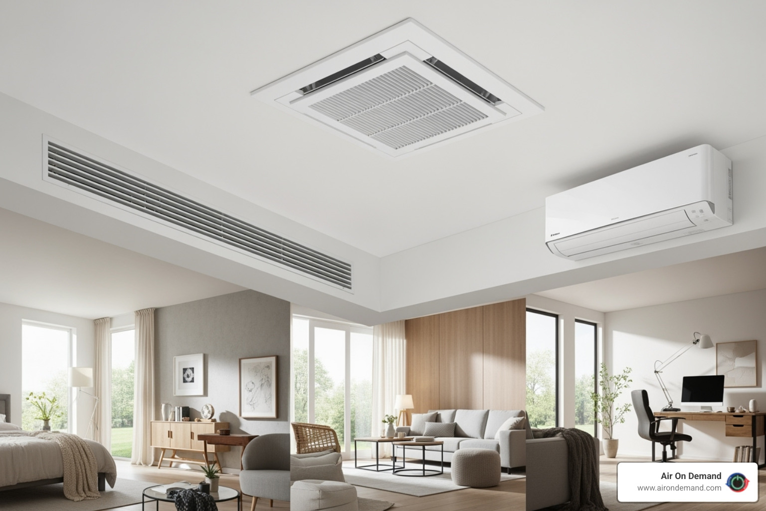 Image showcasing different Daikin indoor unit styles like a ceiling cassette, concealed ducted unit, and wall-mounted unit - Daikin VRF systems Image showcasing different Daikin indoor unit styles like a ceiling cassette, concealed ducted unit, and wall-mounted unit - Daikin VRF systems