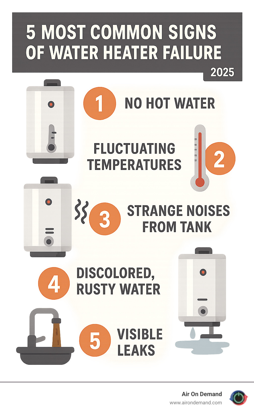 Infographic showing the 5 most common signs of water heater failure: no hot water, fluctuating temperatures, strange noises from tank, discolored rusty water, and visible leaks around the unit - water heater repair miami lakes infographic Infographic showing the 5 most common signs of water heater failure: no hot water, fluctuating temperatures, strange noises from tank, discolored rusty water, and visible leaks around the unit - water heater repair miami lakes infographic