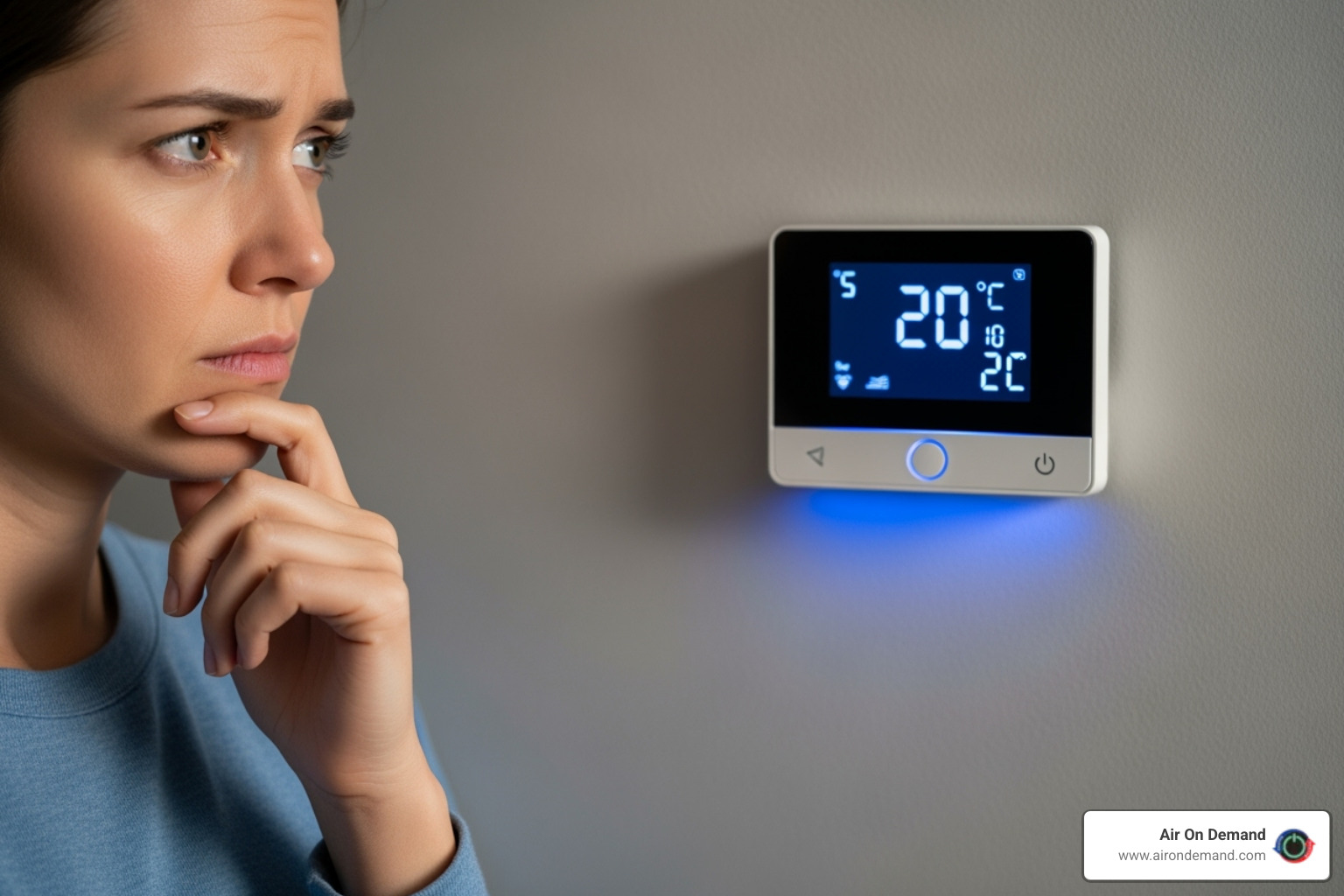 person looking concerned at thermostat - hvac repair in miami