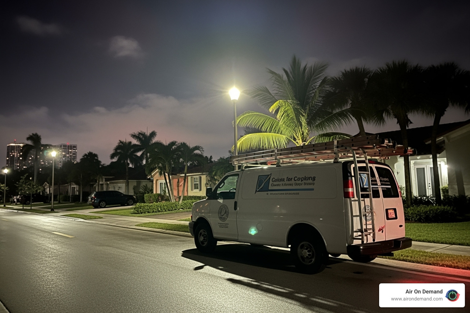 Service van at night in a Miami neighborhood - central air repair miami Service van at night in a Miami neighborhood - central air repair miami