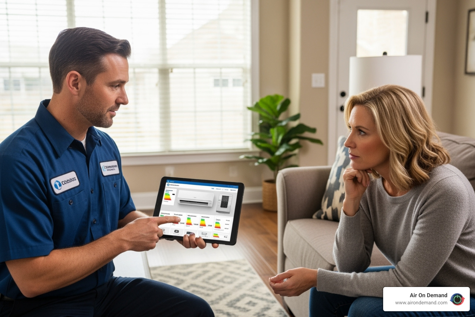 Professional technician explaining different AC system options to a homeowner - ac installation homestead, fl Professional technician explaining different AC system options to a homeowner - ac installation homestead, fl