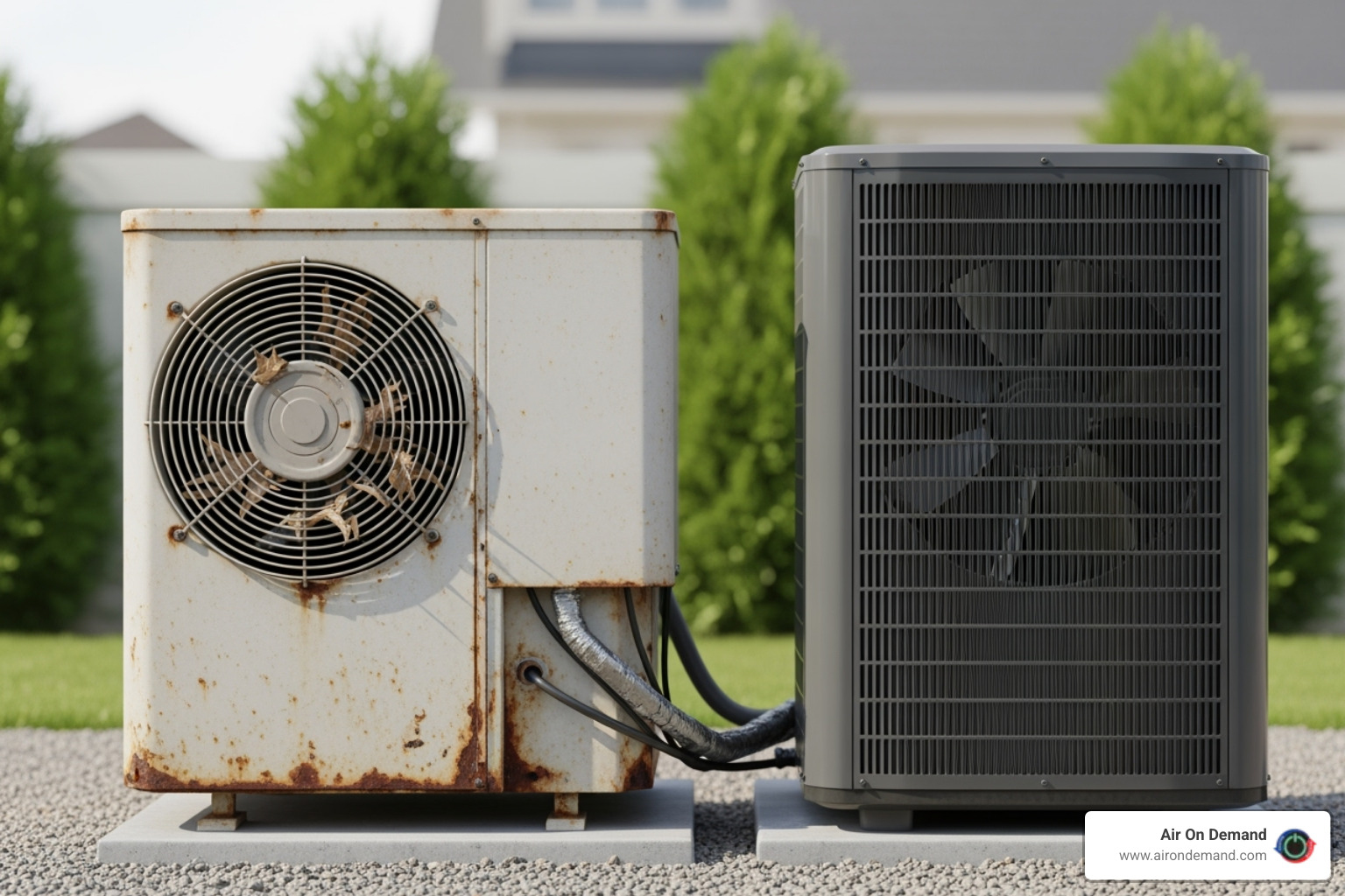 Old, slightly rusted outdoor AC unit contrasted with a new, modern one - ac installation homestead, fl Old, slightly rusted outdoor AC unit contrasted with a new, modern one - ac installation homestead, fl